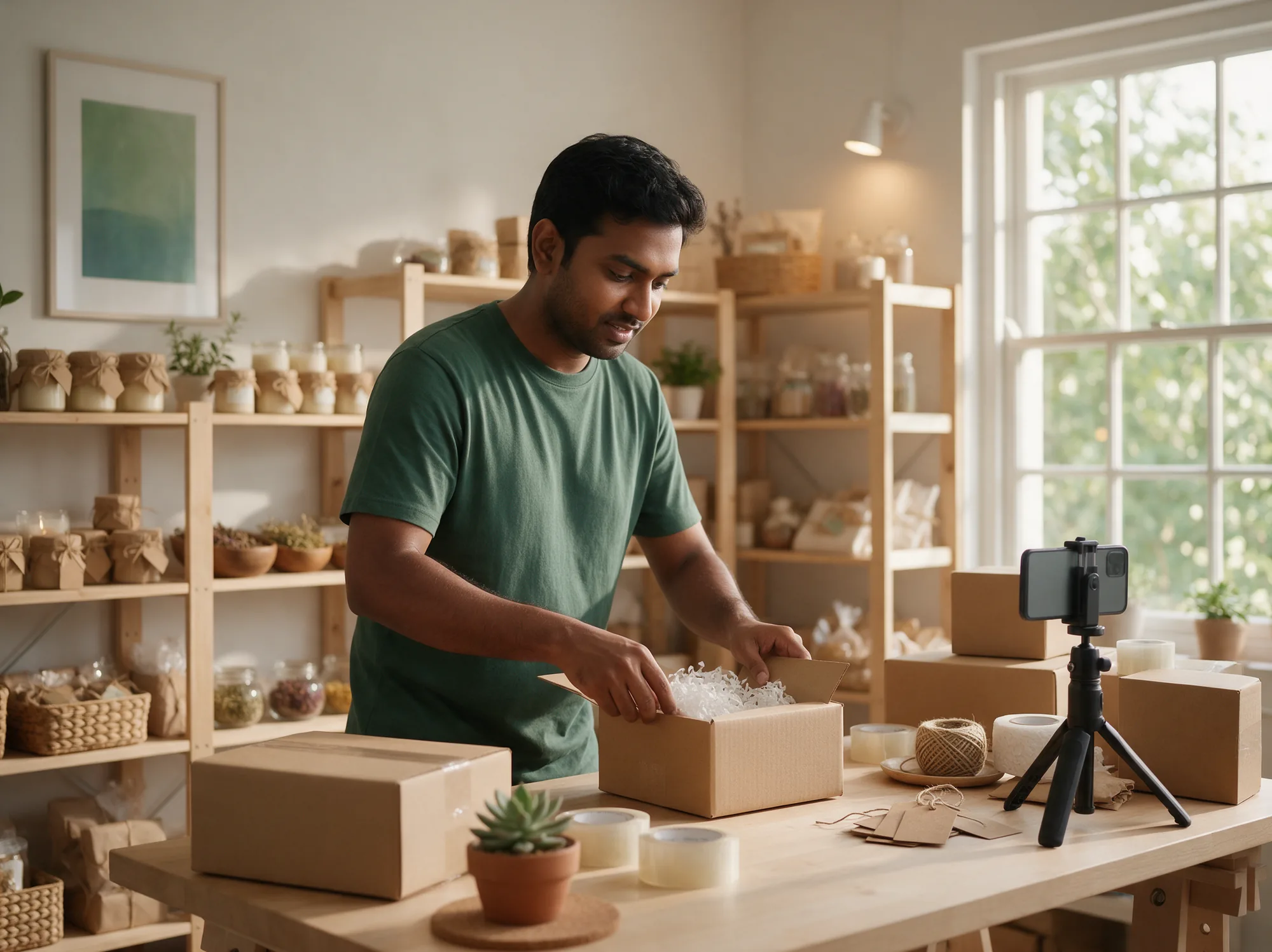 Small seller packing marketplace orders into mailer boxes in a home studio