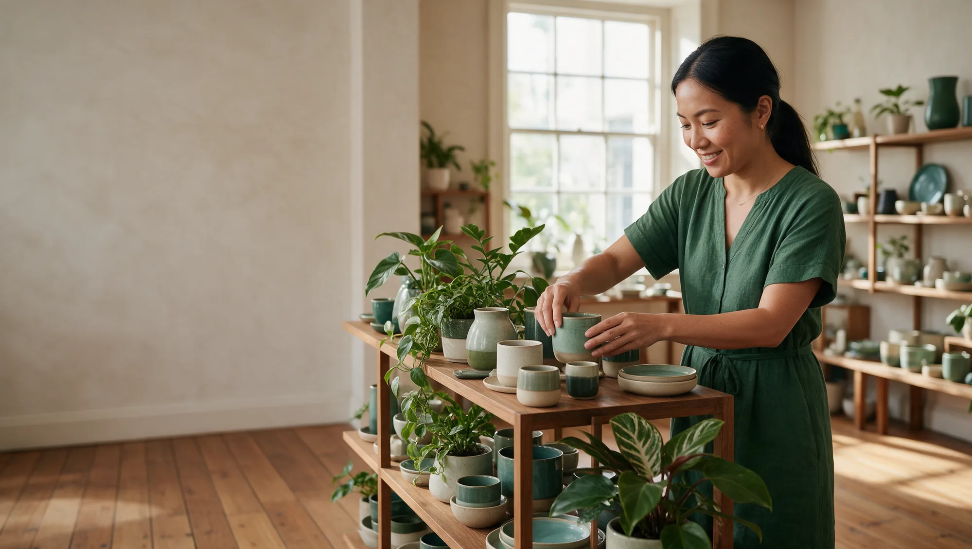 Shop owner arranging homeware on a shelf in a calm, sunny concept store