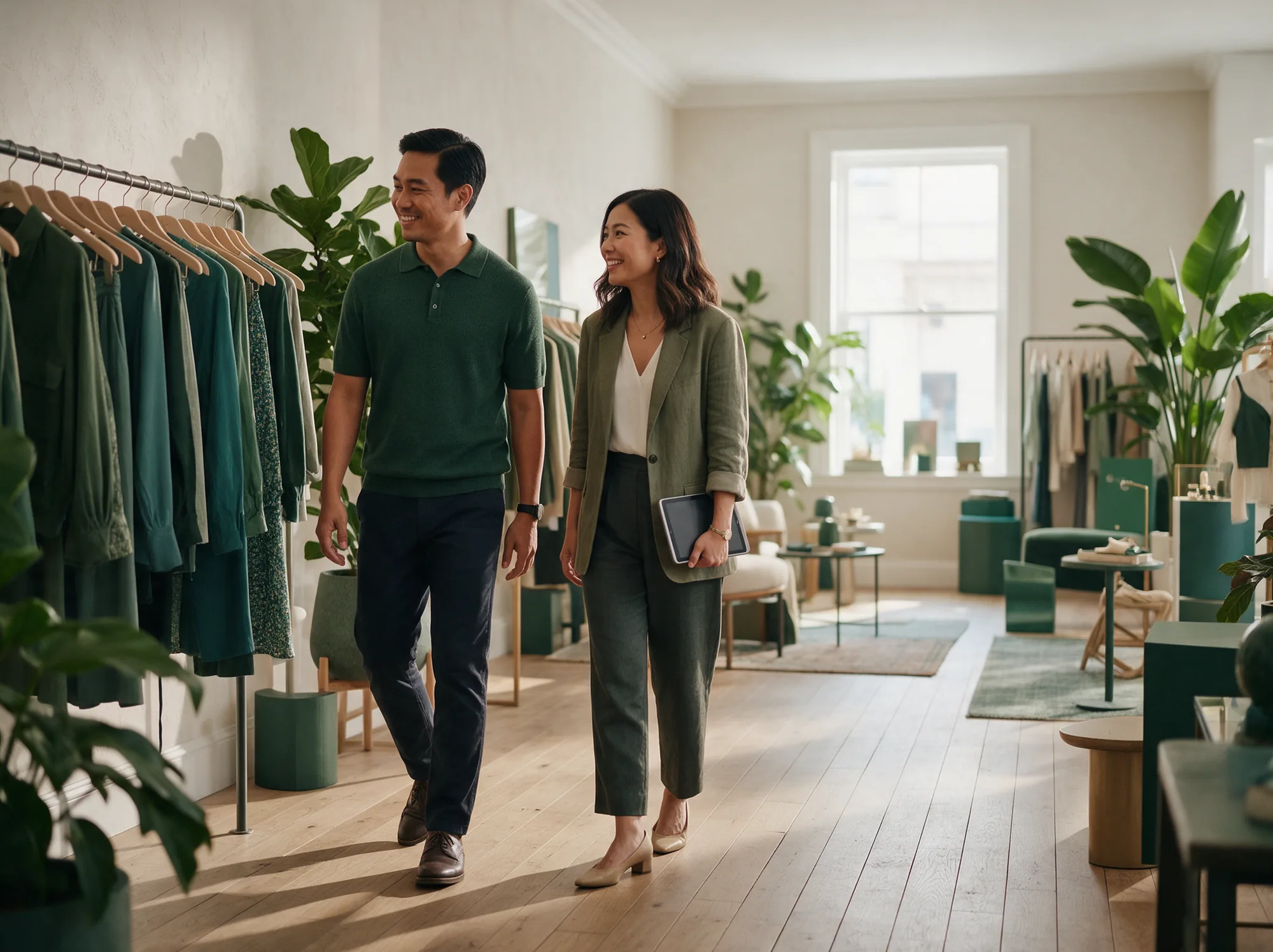 Consultant walking a fashion boutique floor with the store owner