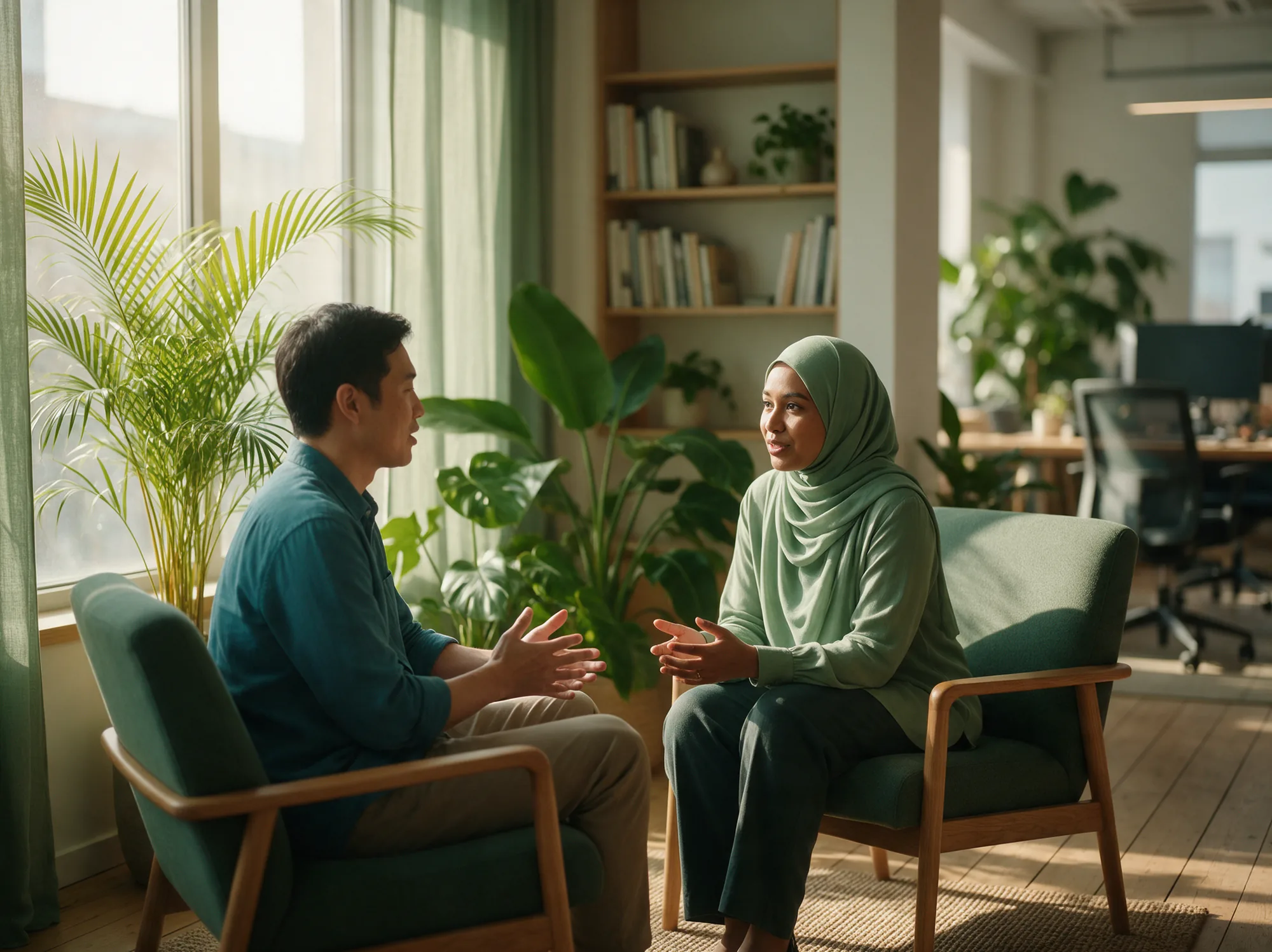 Two colleagues having an open conversation in armchairs in a sunlit office nook