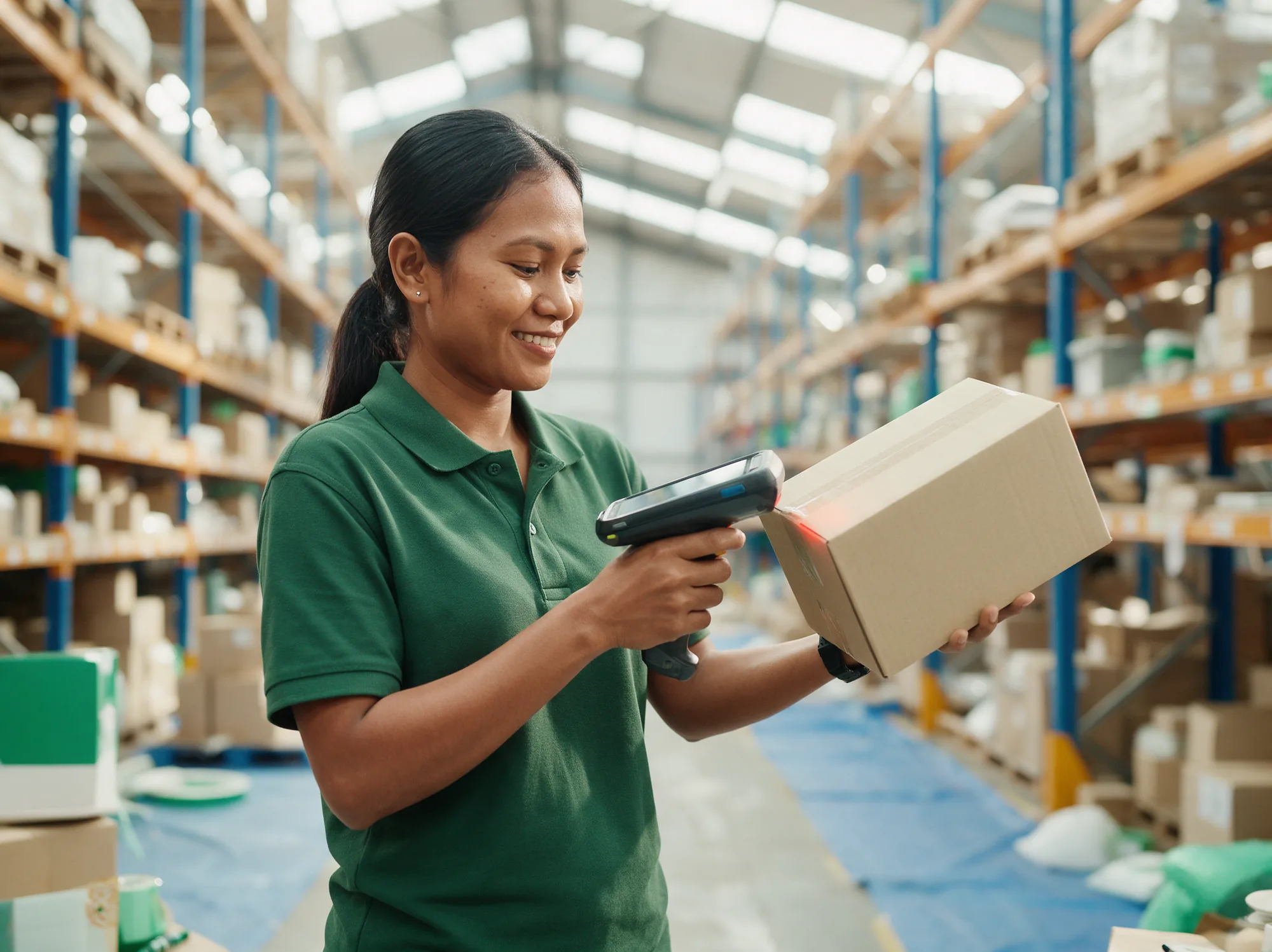 Fulfilment worker scanning a parcel in a bright warehouse aisle