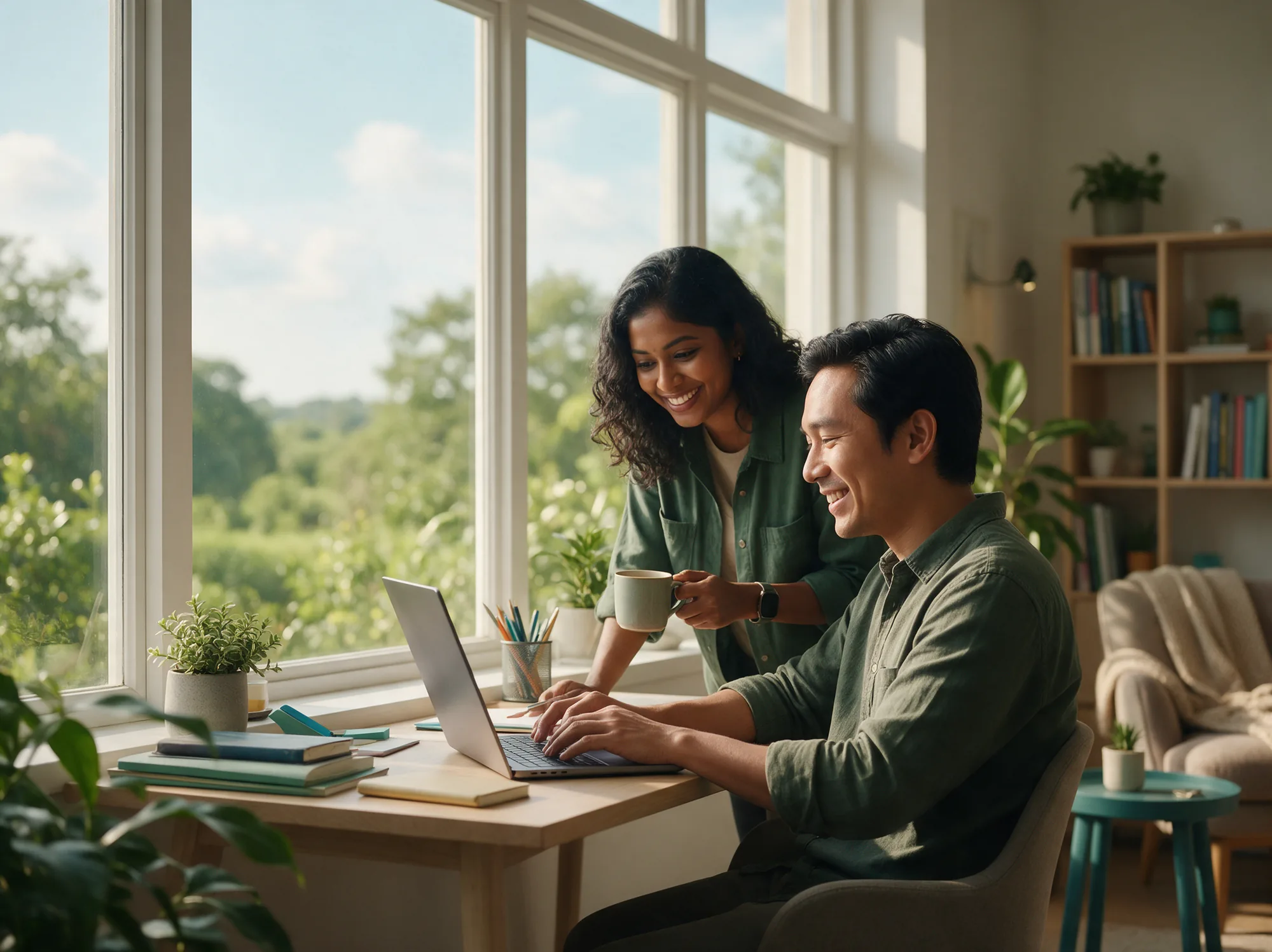 Two developers smiling over a small win at a bright window desk