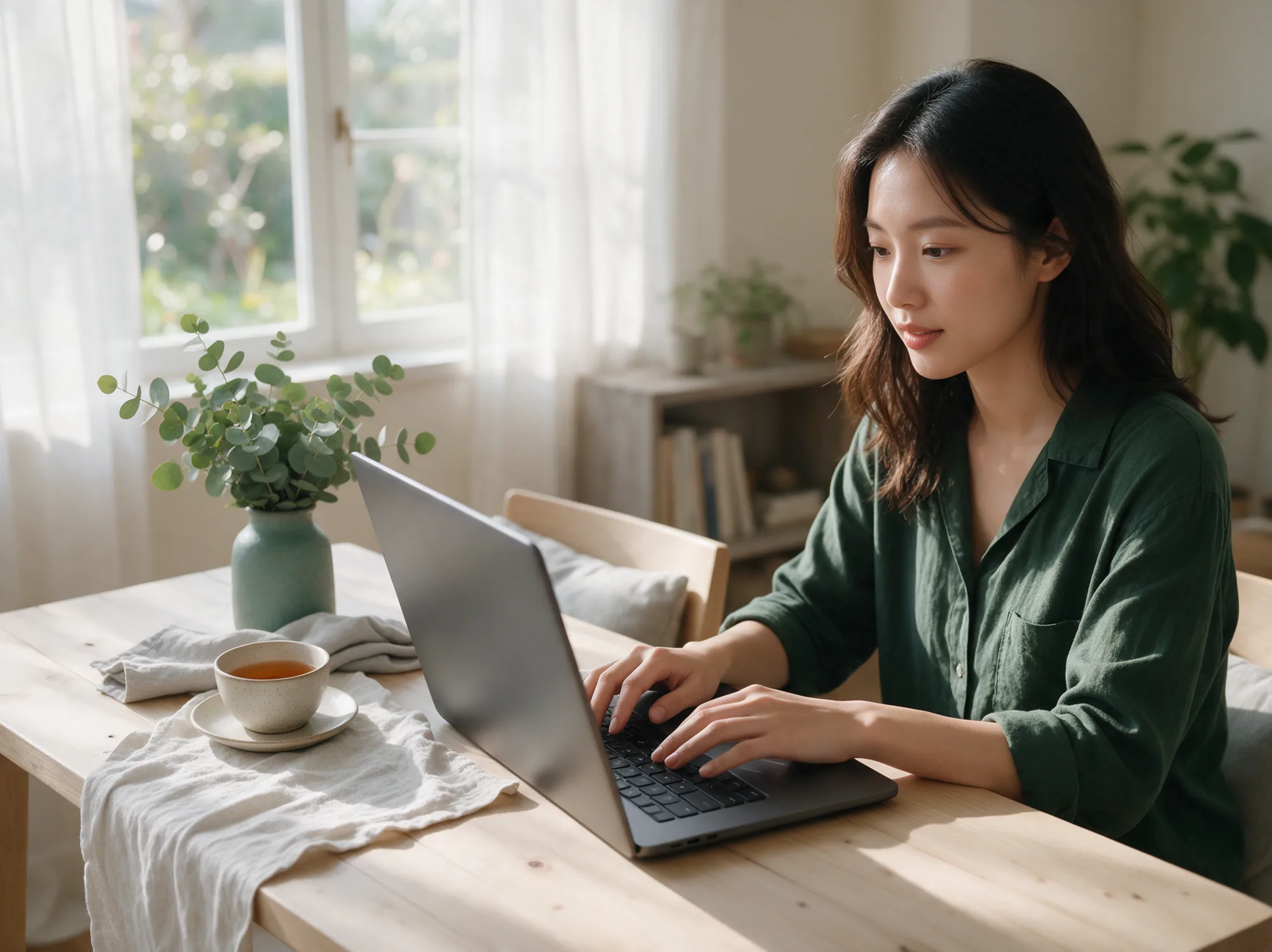 Woman shopping online on a laptop at a bright dining table