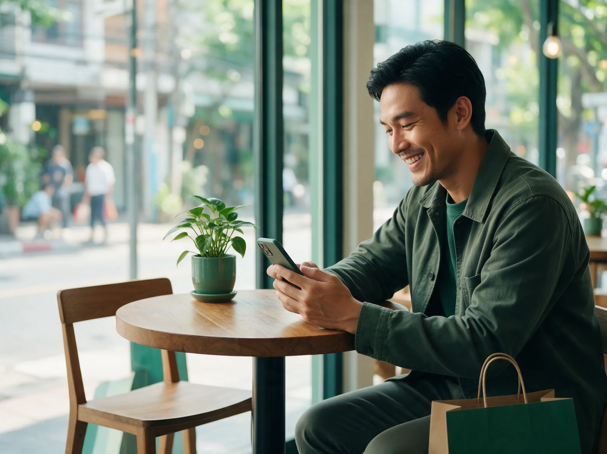 Man at a cafe smiling at a shopping assistant reply on his phone