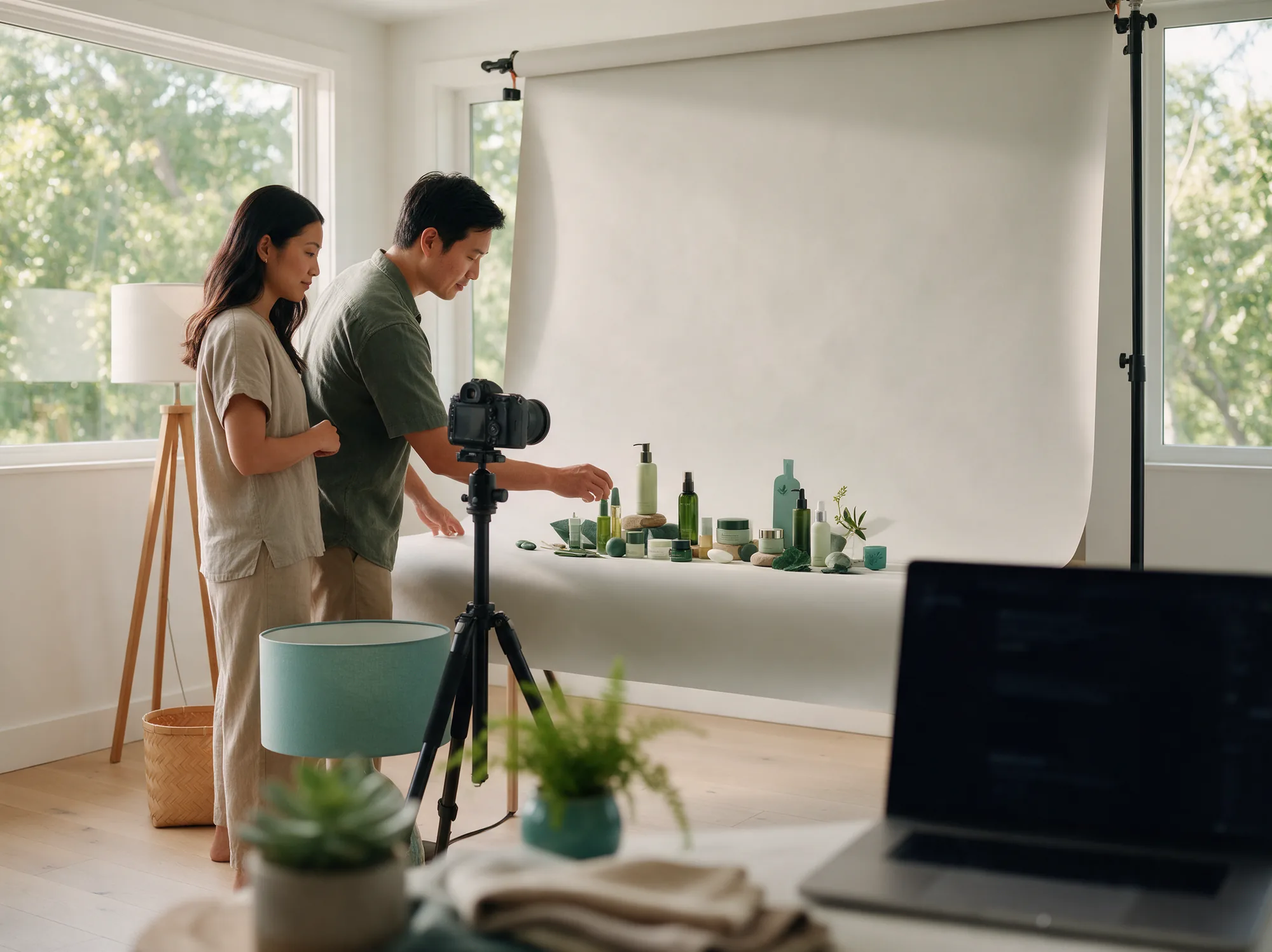 Photographer and copywriter shooting skincare products for listings