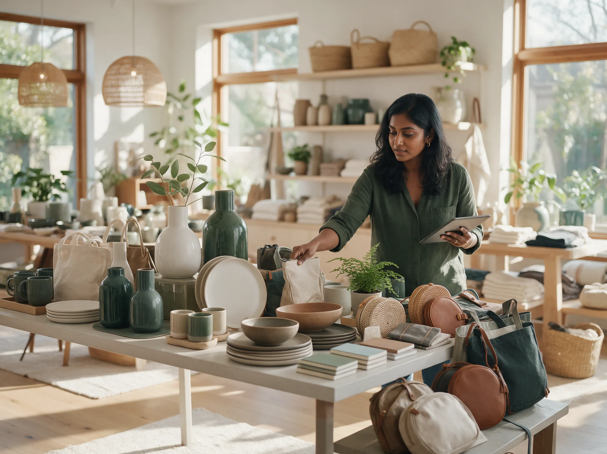 Merchandiser arranging a store display with a tablet in hand