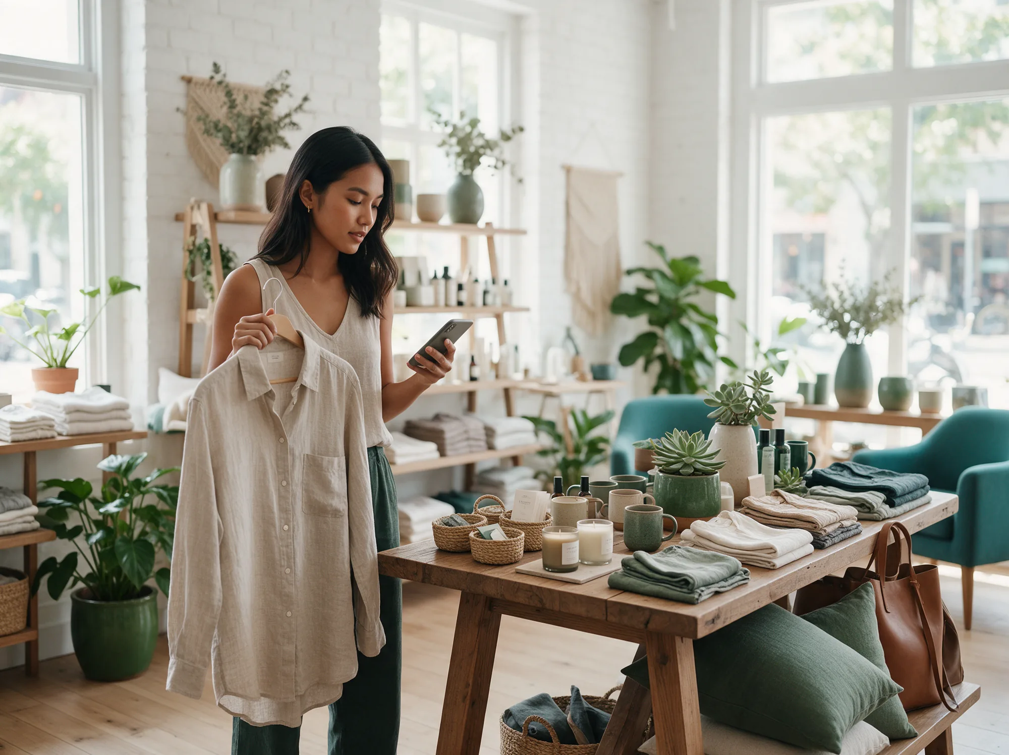 Shopper in a boutique holding a linen shirt and checking product suggestions on her phone
