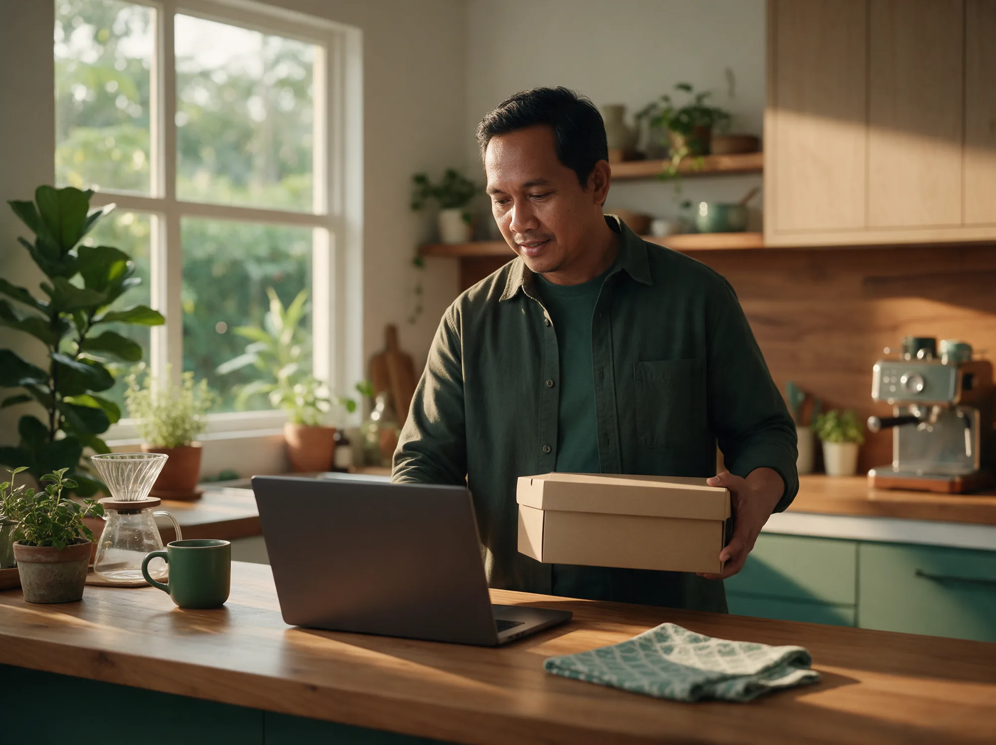 Man shopping for sneakers on a laptop at his kitchen counter