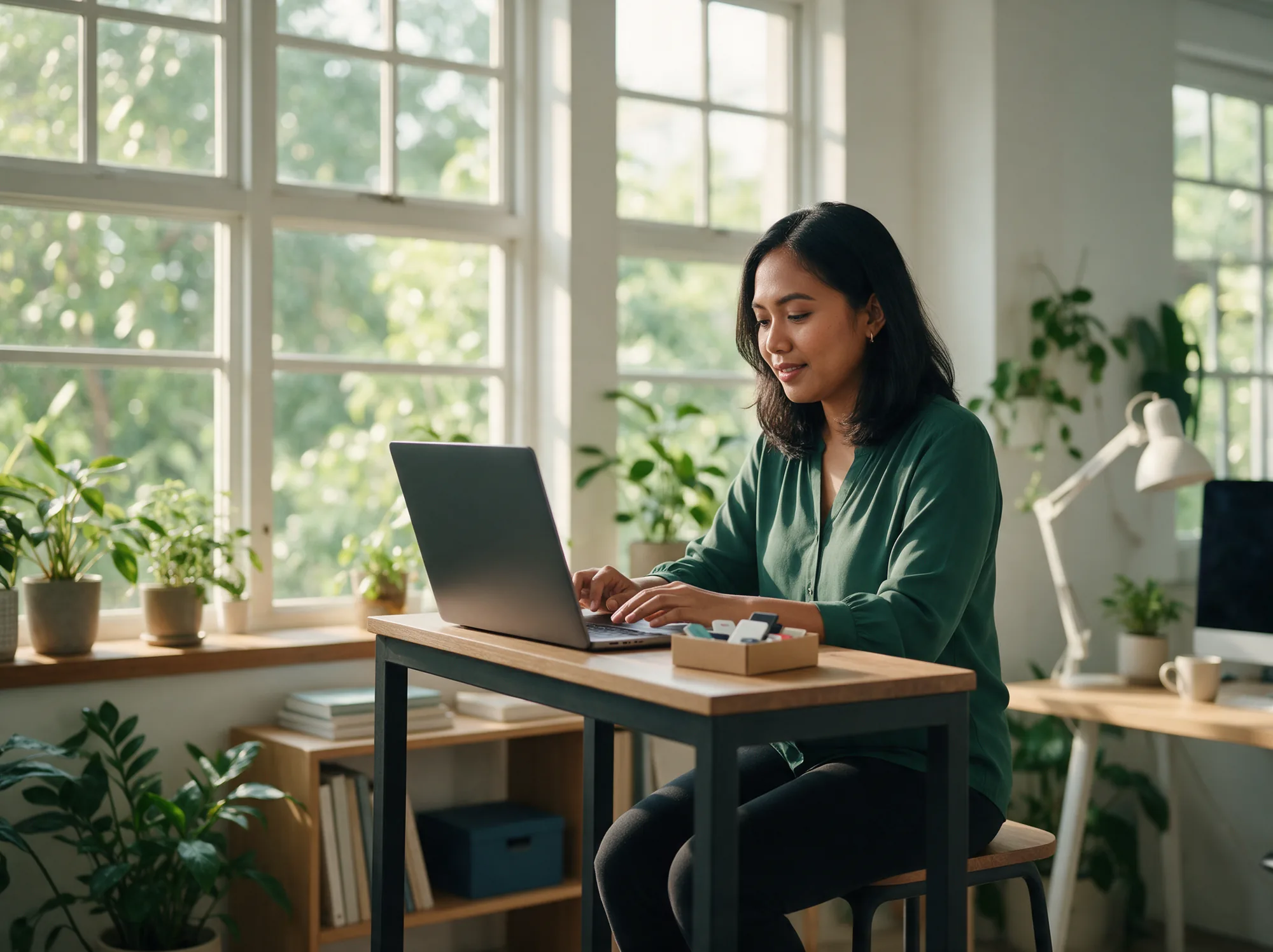 Ecommerce developer working on a laptop next to product samples