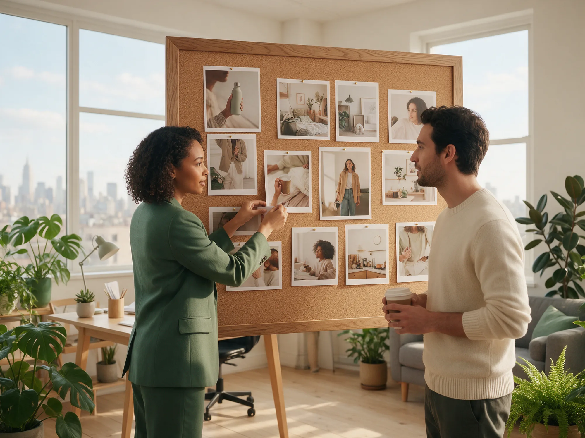 Growth marketer pinning product photos to a campaign board
