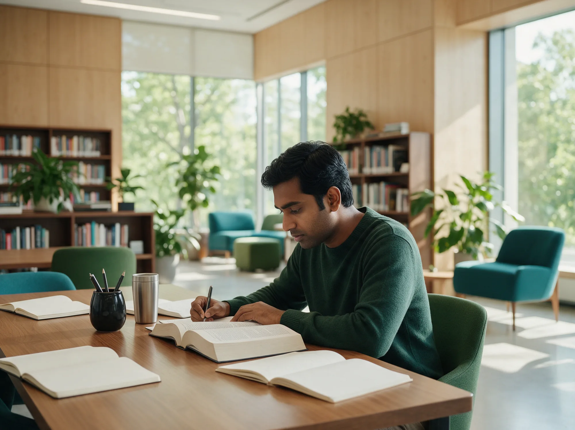 Man reading a technical book and taking notes in a bright library