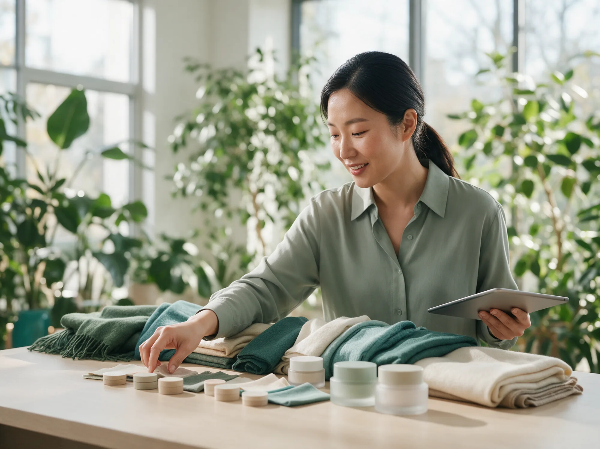 Marketplace specialist sorting skincare and scarf samples with a tablet