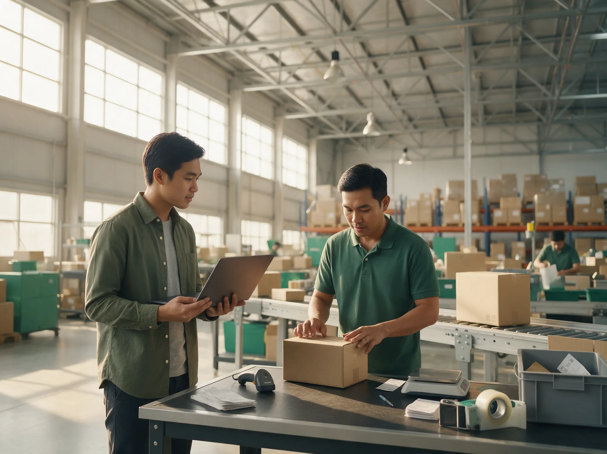 Engineer watching a warehouse packer prepare an order