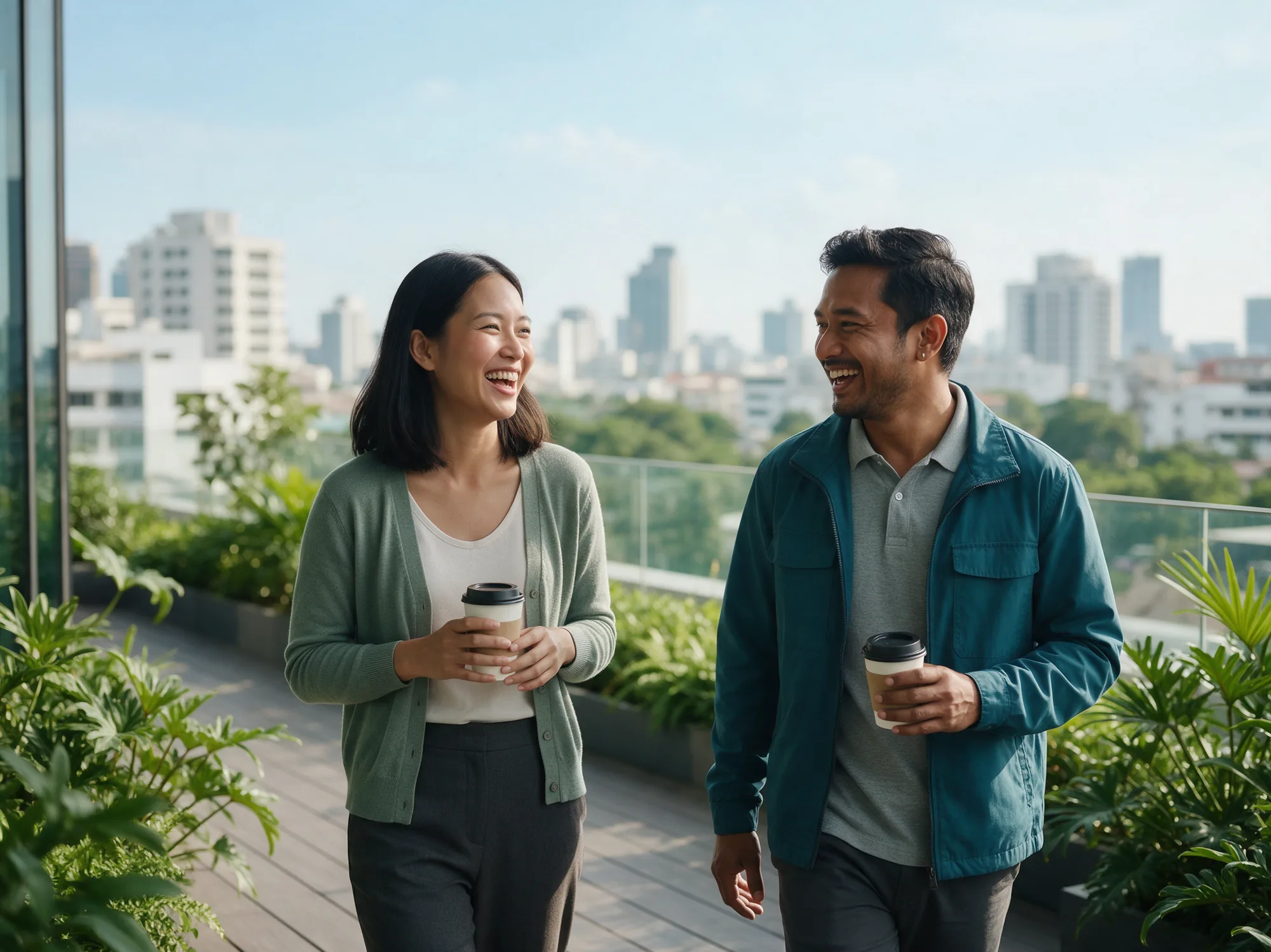 Two engineers chatting over coffee on a leafy rooftop terrace