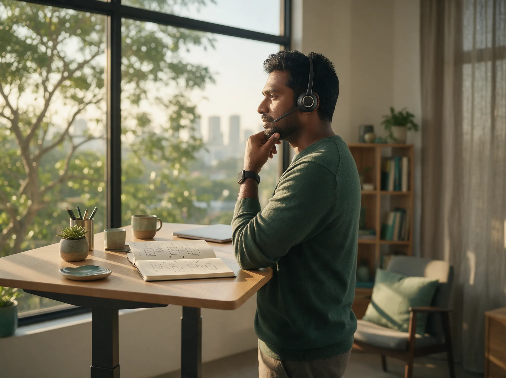 Platform engineer thinking at a standing desk with flow sketches
