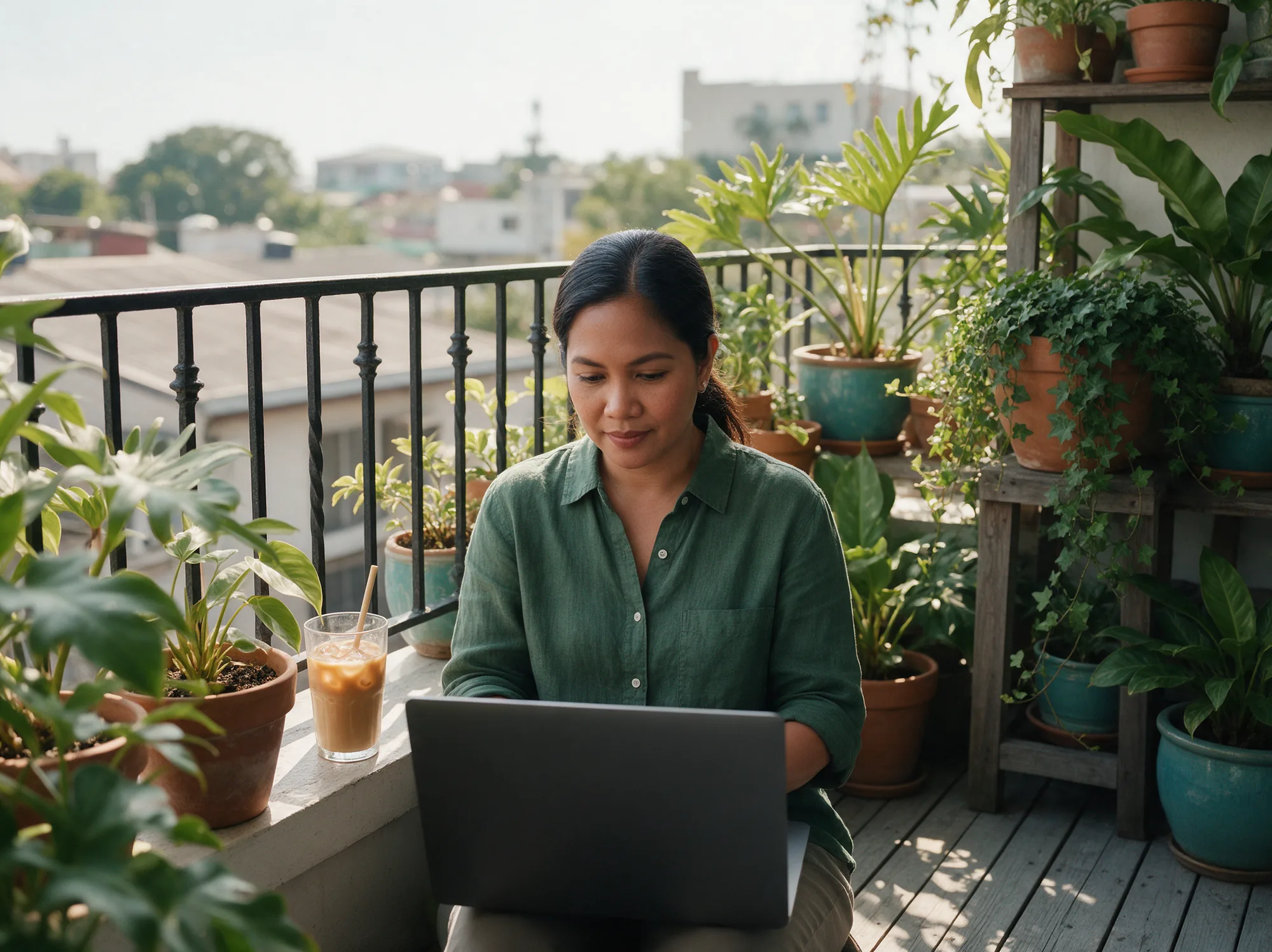 Woman working on a laptop on a sunny balcony full of plants