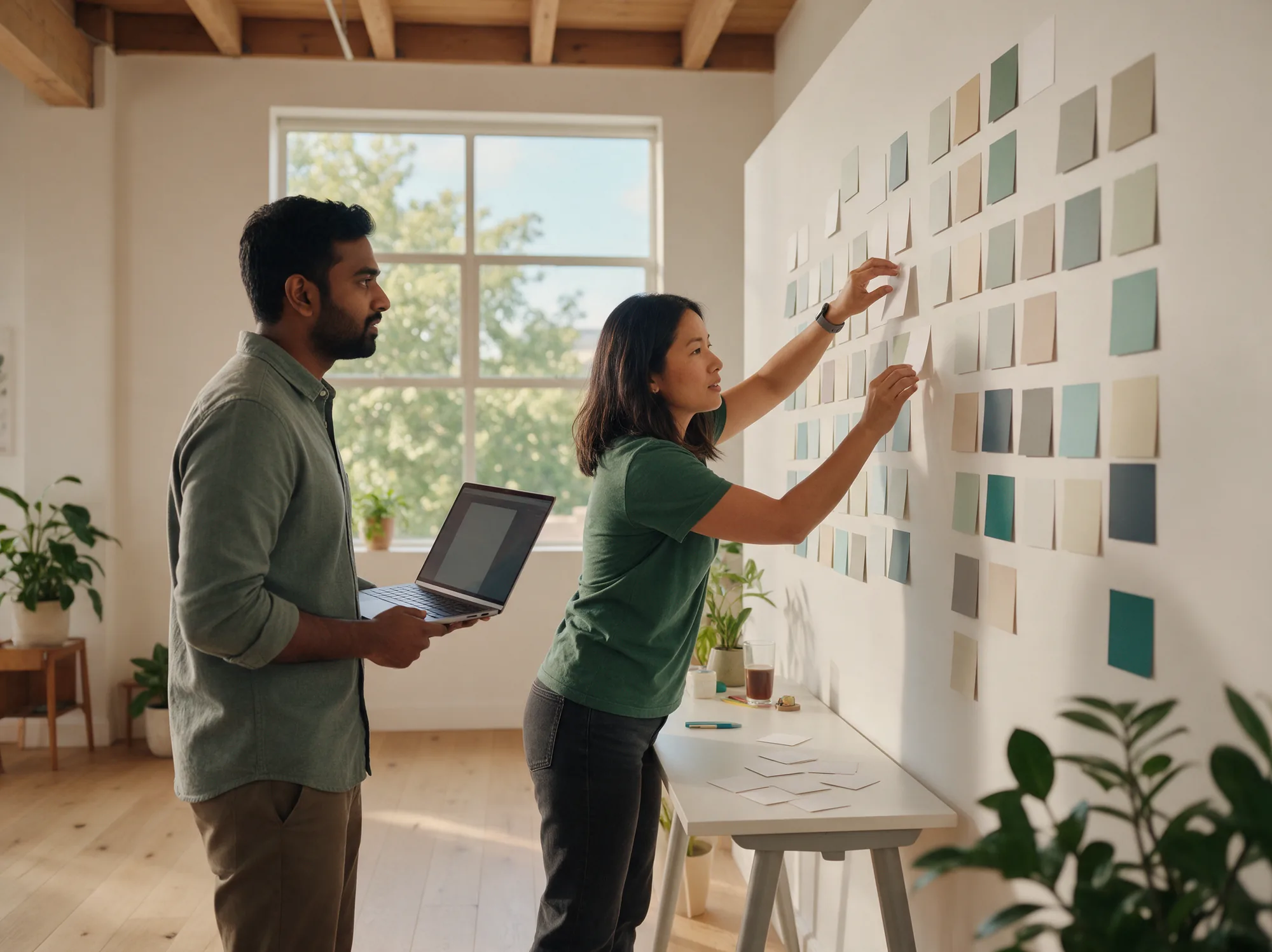 Engineer arranging cards on a sprint planning wall with a colleague