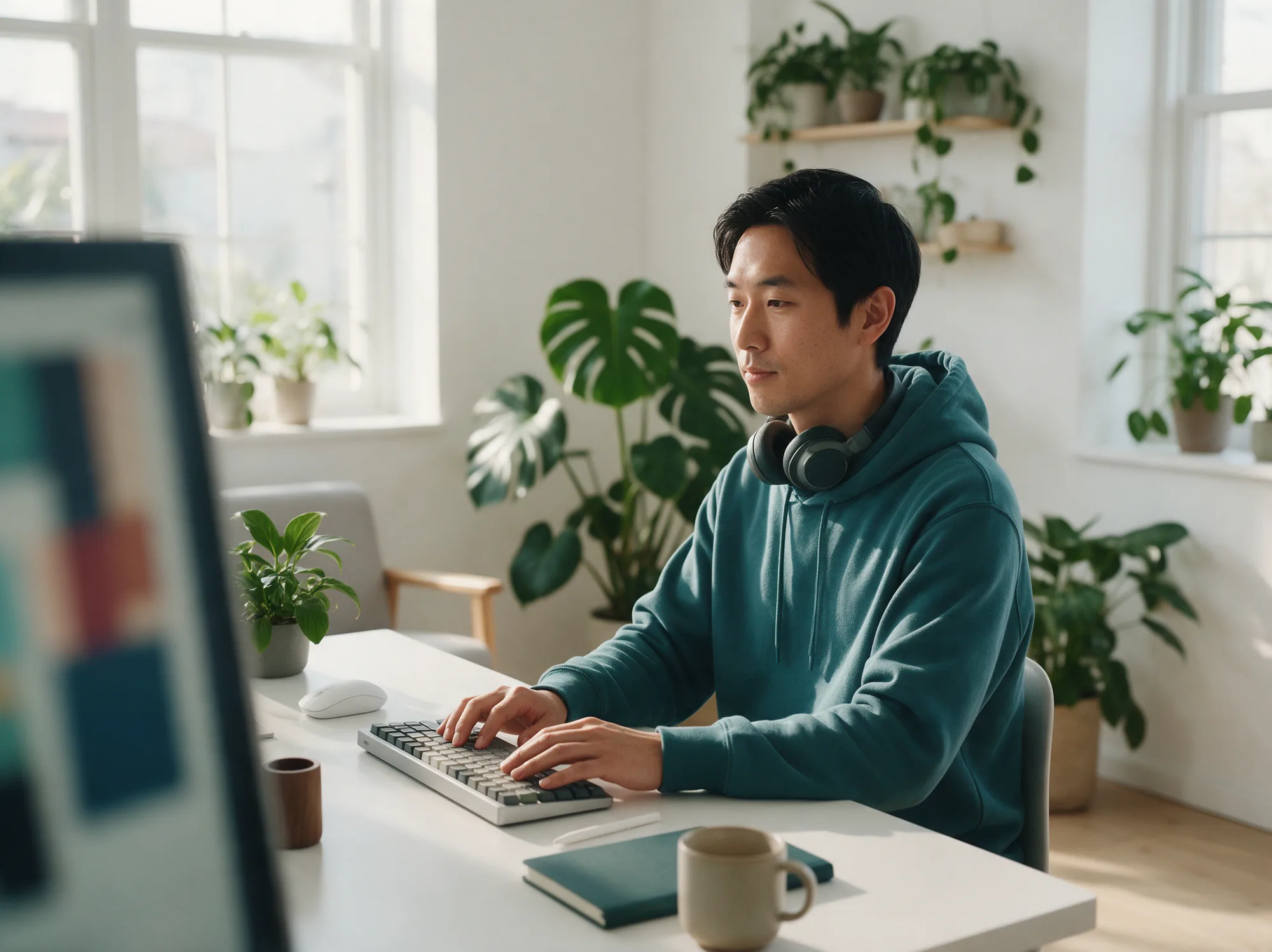 Engineer typing at a clean desk in a bright minimal studio