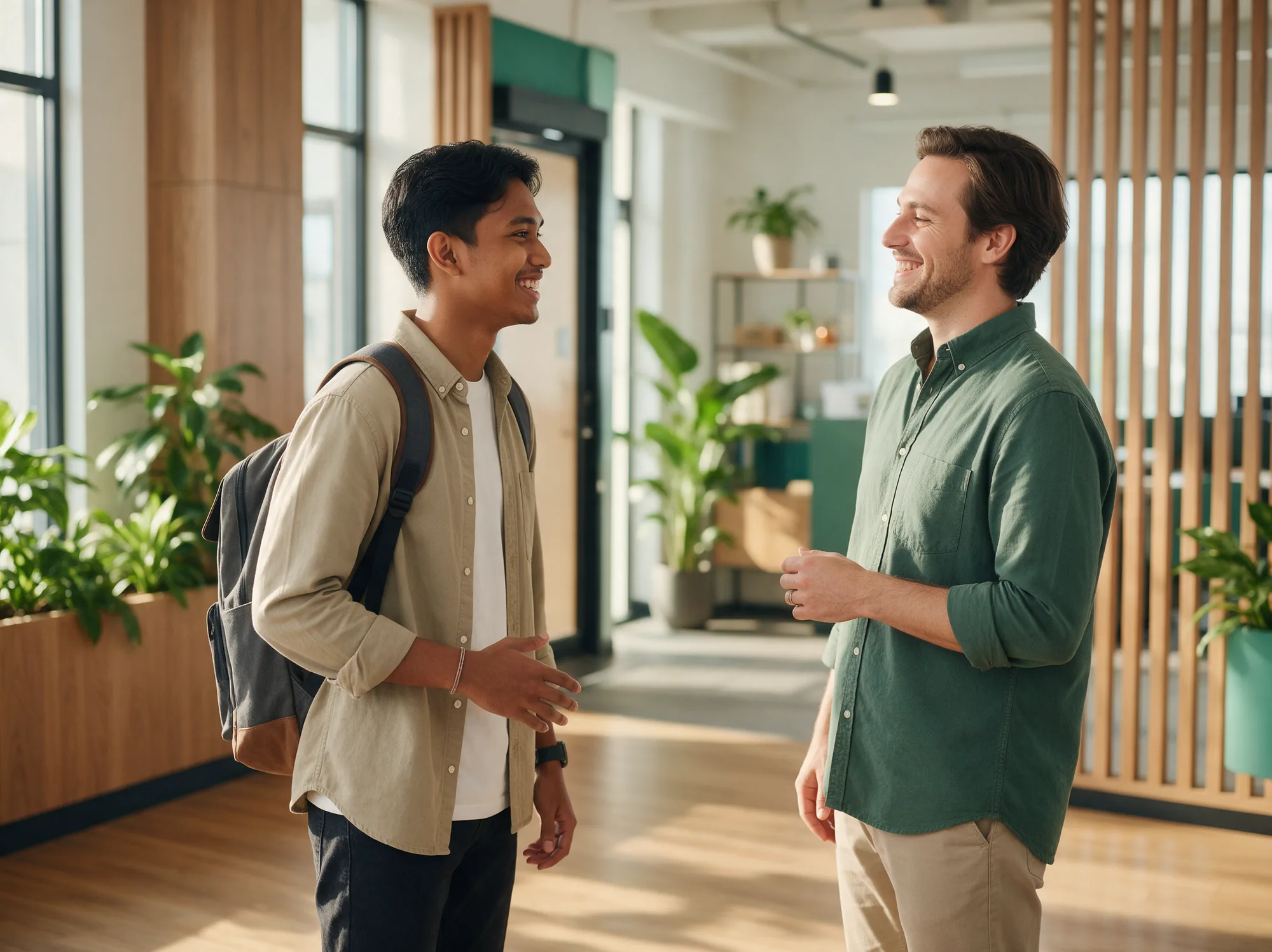 Graduate with a backpack being welcomed into a bright office