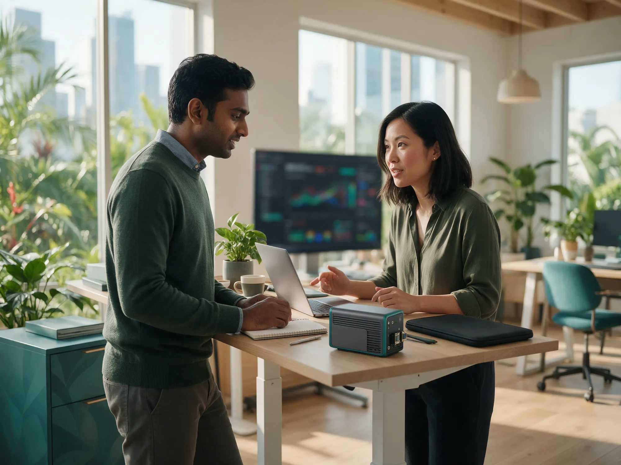 Two data engineers discussing customer reports at a standing desk