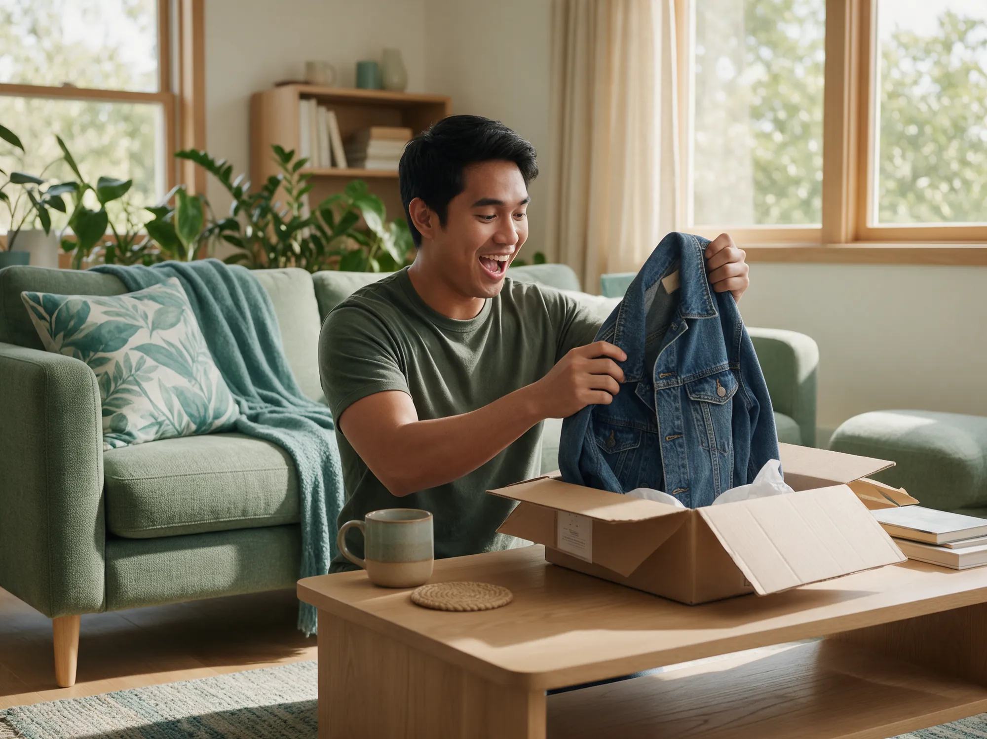 Young man unboxing a denim jacket he ordered after a back-in-stock alert