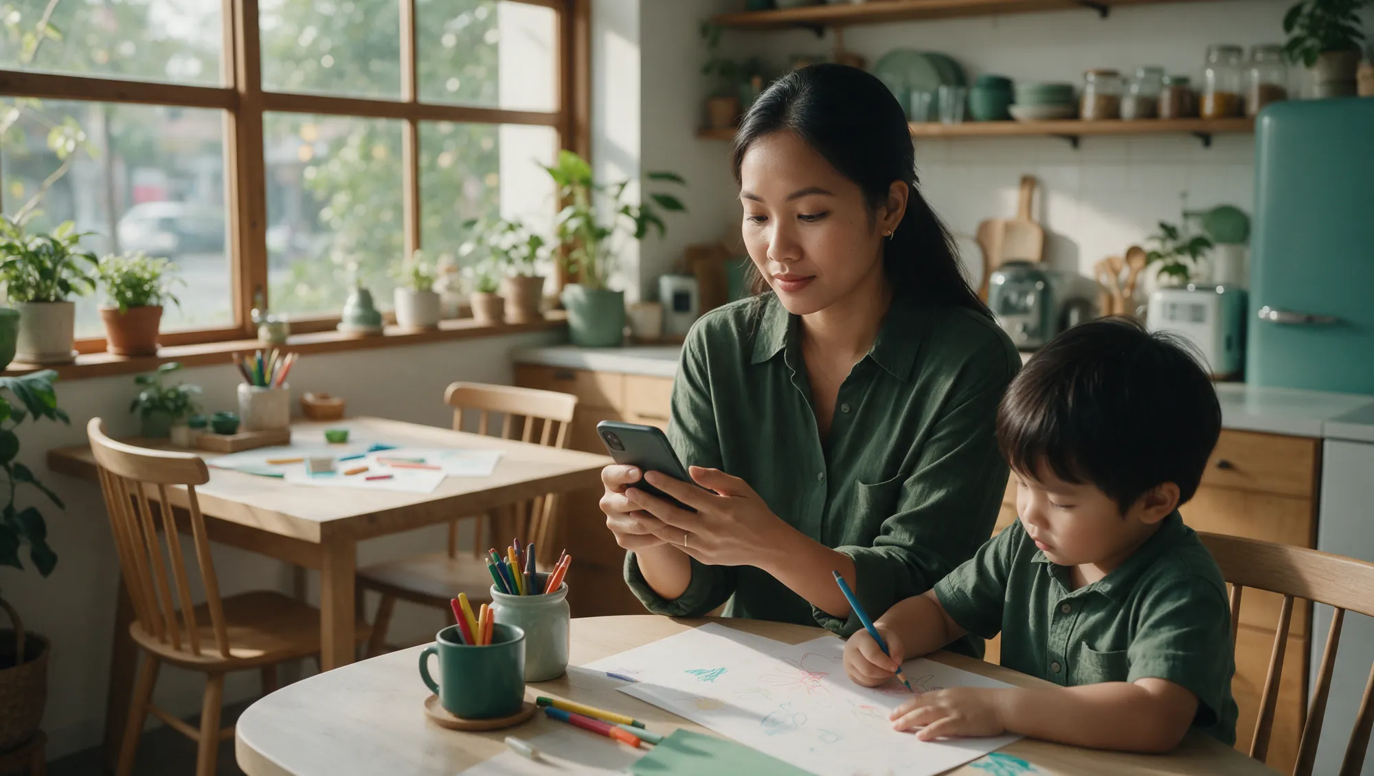 Mother at her kitchen table calmly checking her phone while her son draws