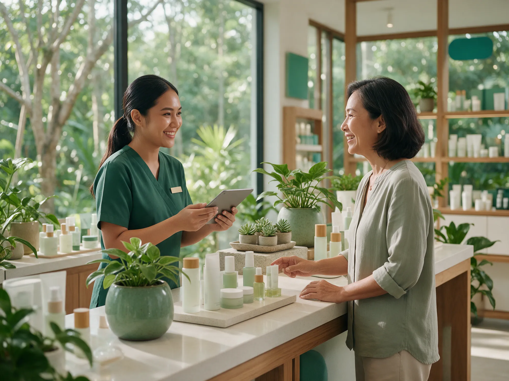 Store associate with a tablet greeting a returning customer at a skincare counter