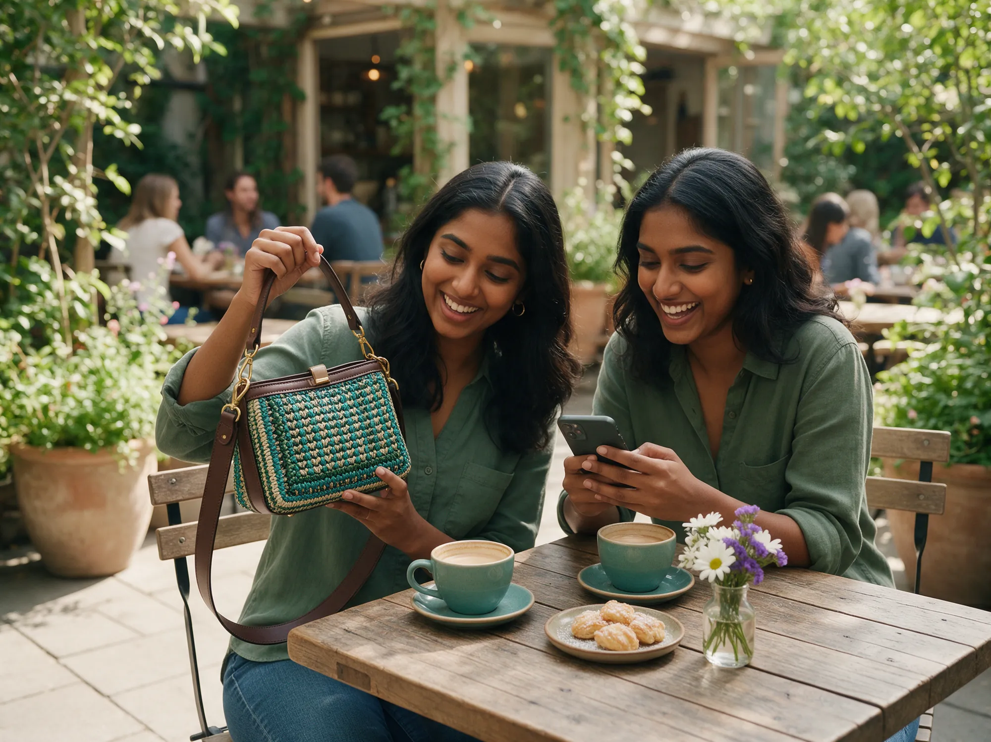 Two friends at a cafe sharing a new handbag and a phone recommendation