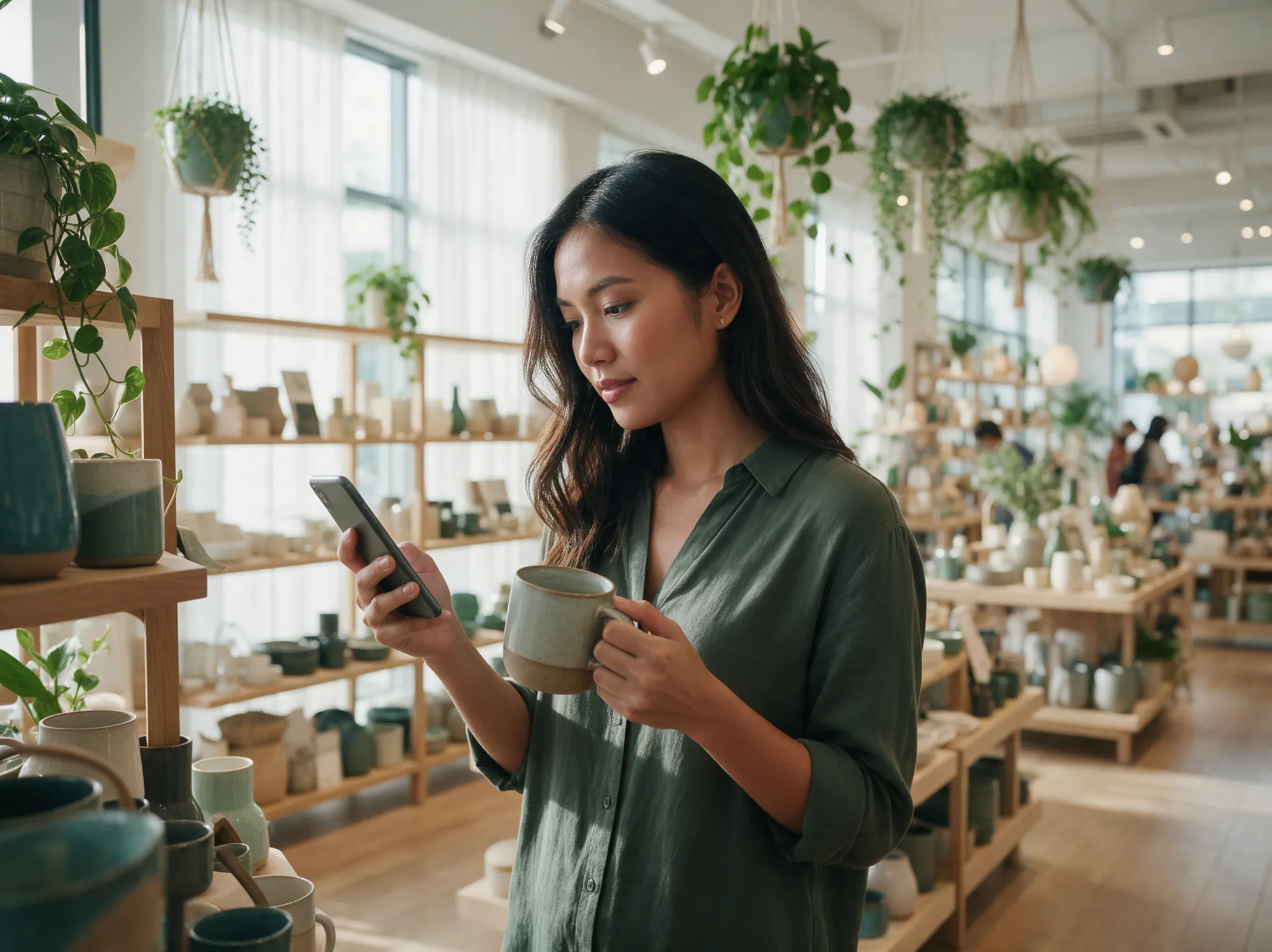 Shopper in a homeware store comparing a mug with items on her phone