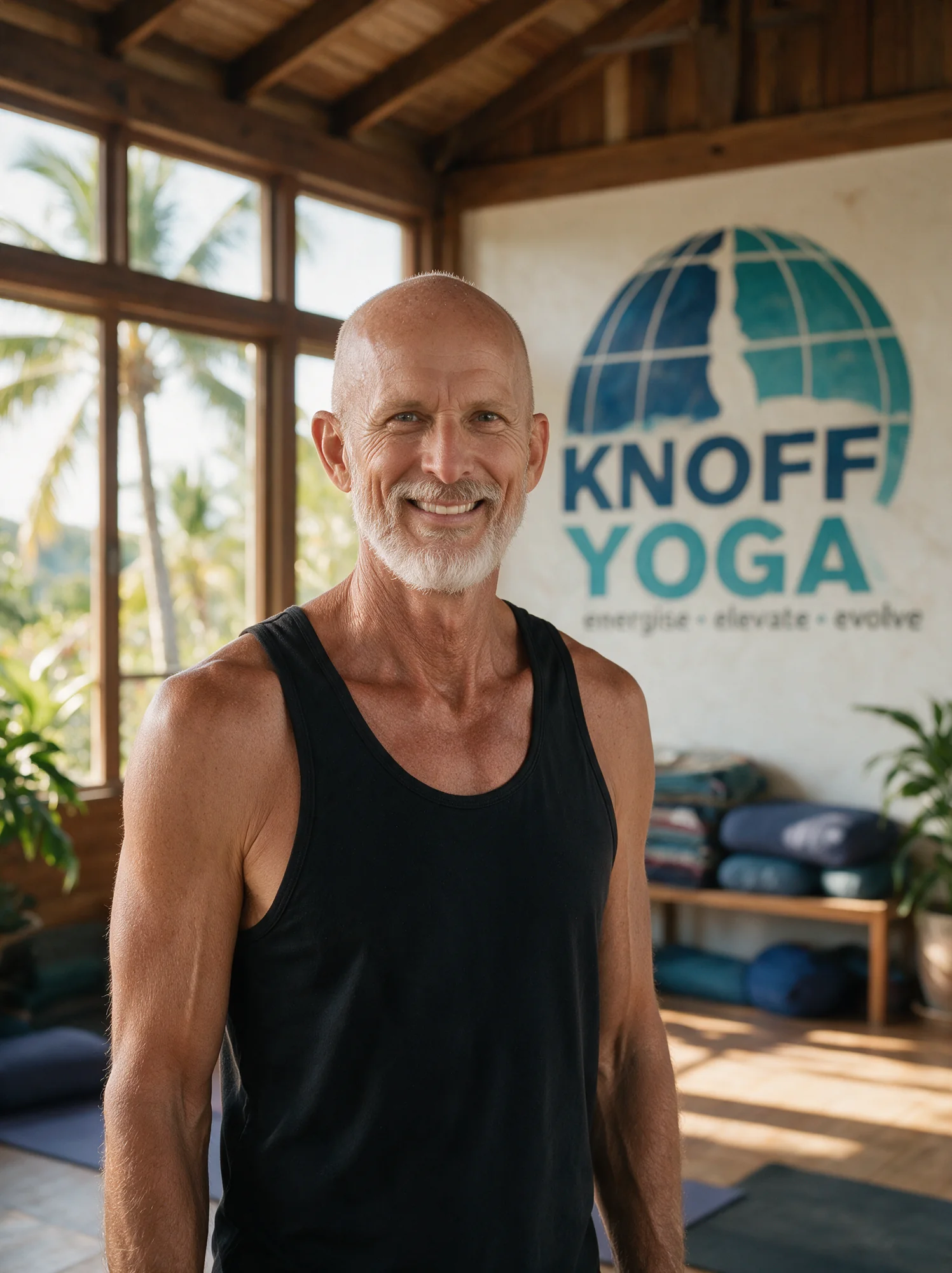 James Bryan in the Knoff Yoga studio, logo mural behind him