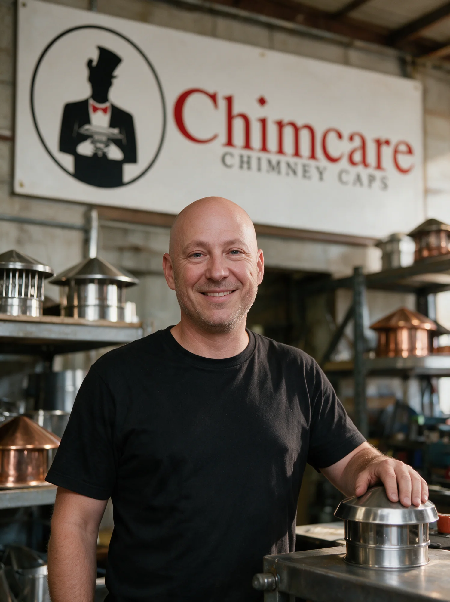 Jesse Peralta in the ChimCare Chimney Caps workshop, logo sign behind him
