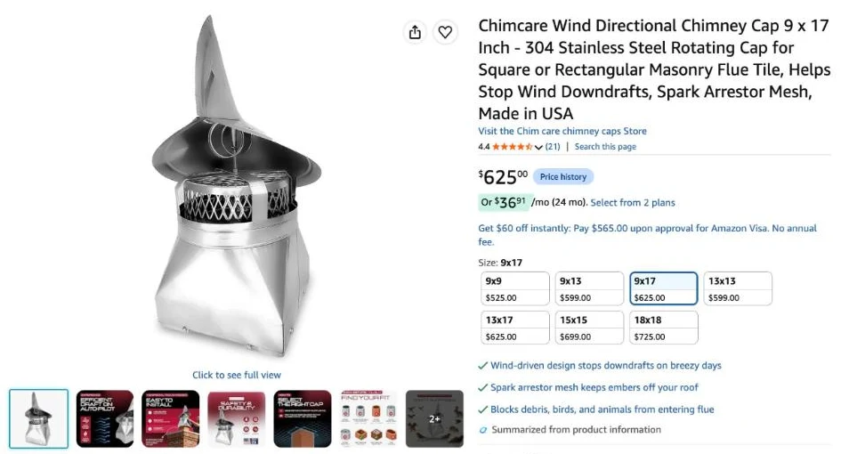 ChimCare Wind Directional Chimney Cap product page on Amazon, rated 4.4 stars, made in USA