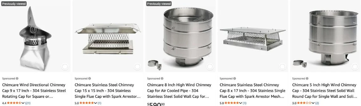 Amazon search results showing five ChimCare chimney caps in the top row