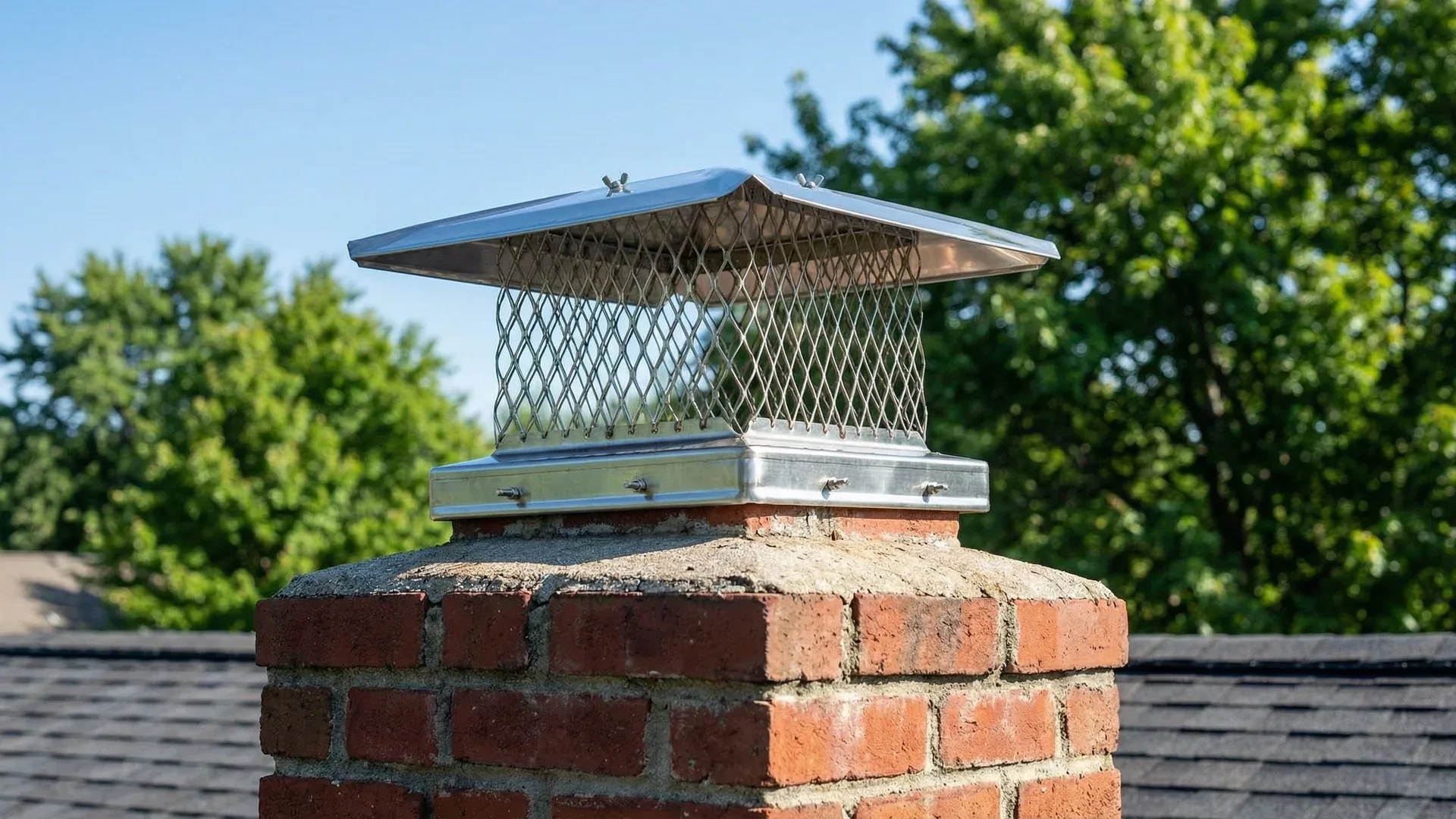 Stainless steel chimney cap fitted on a brick chimney in summer
