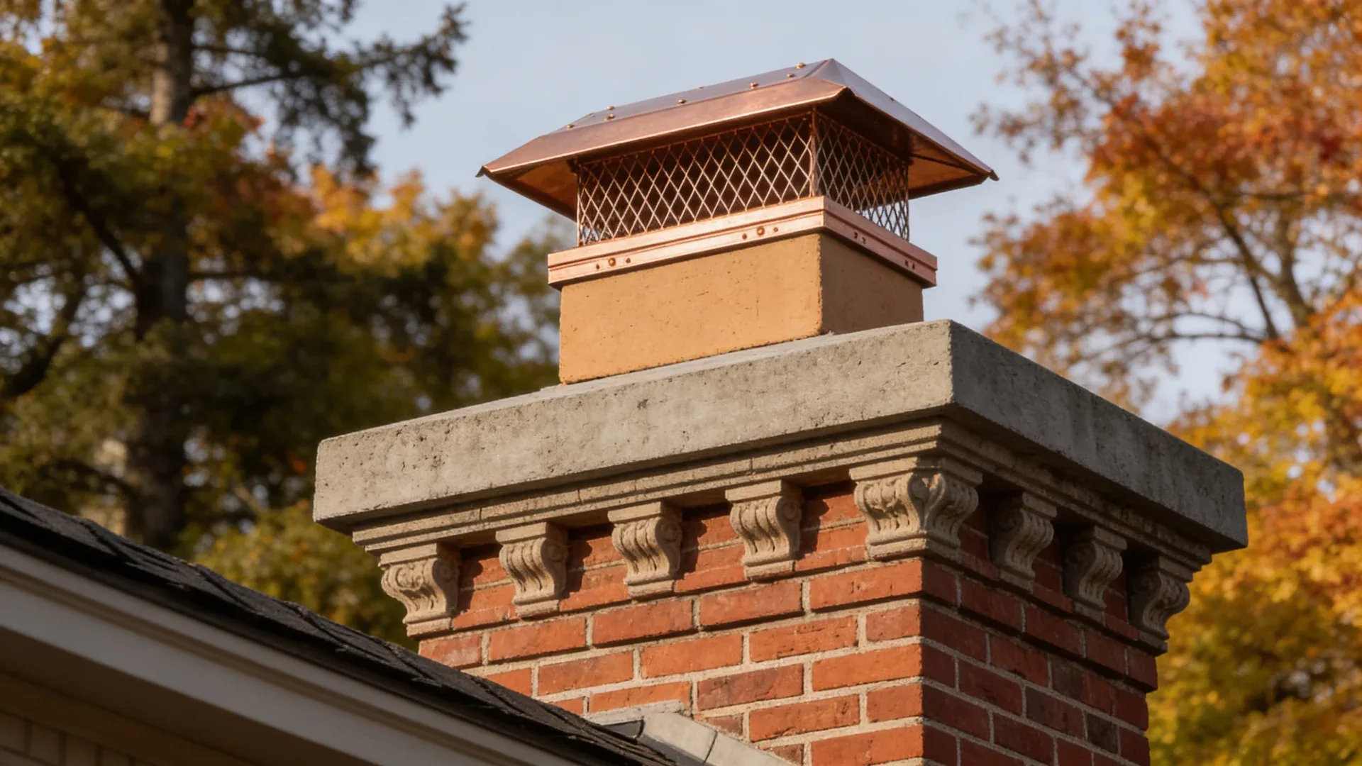 Copper chimney cap on a heritage brick chimney