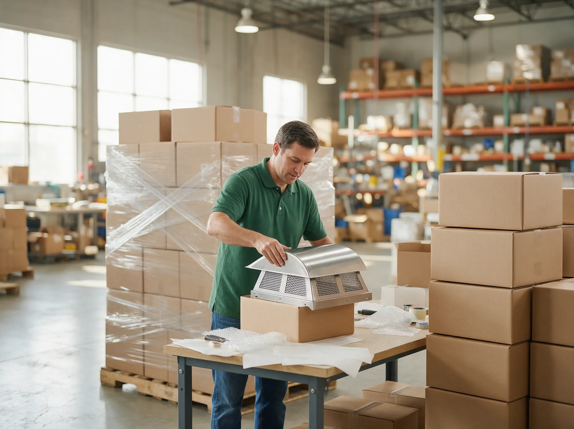 Warehouse worker packing a chimney cap for a marketplace fulfilment shipment