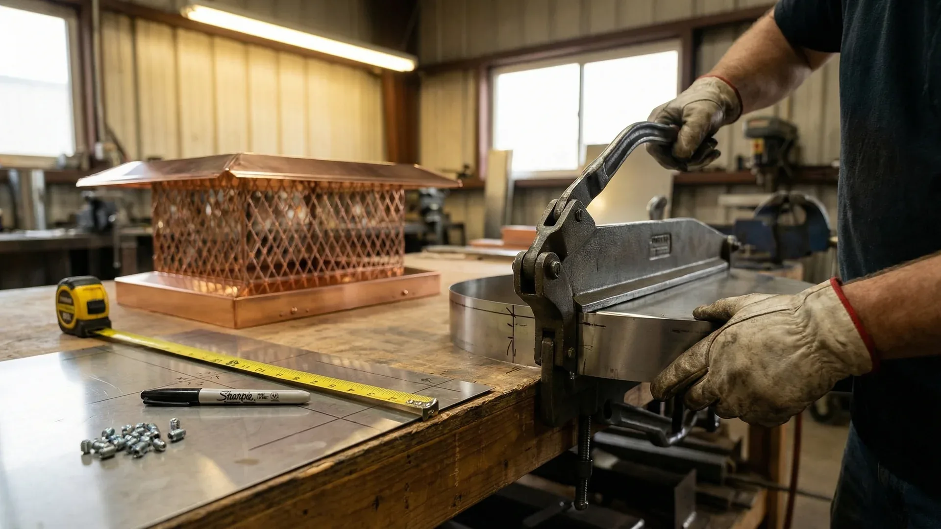 Chimney cap being made in a metal workshop