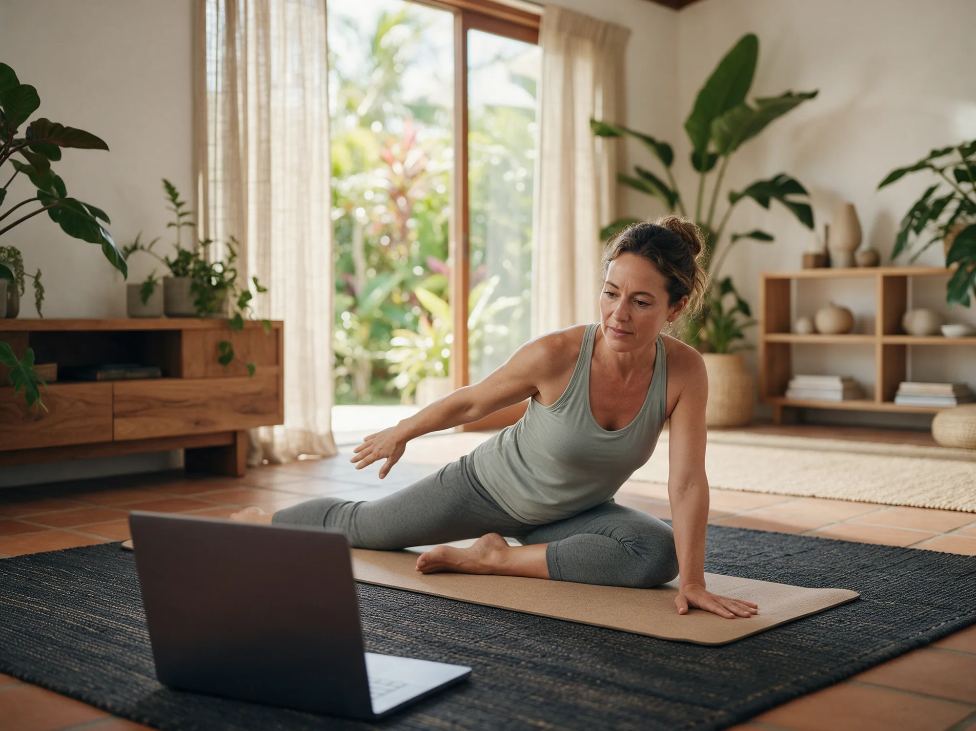 Woman practising yoga at home in front of a laptop