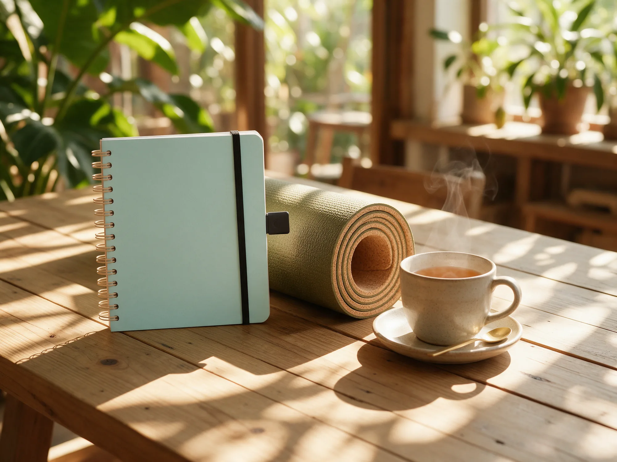 Yoga practice manual, USB stick and yoga mat on a timber table