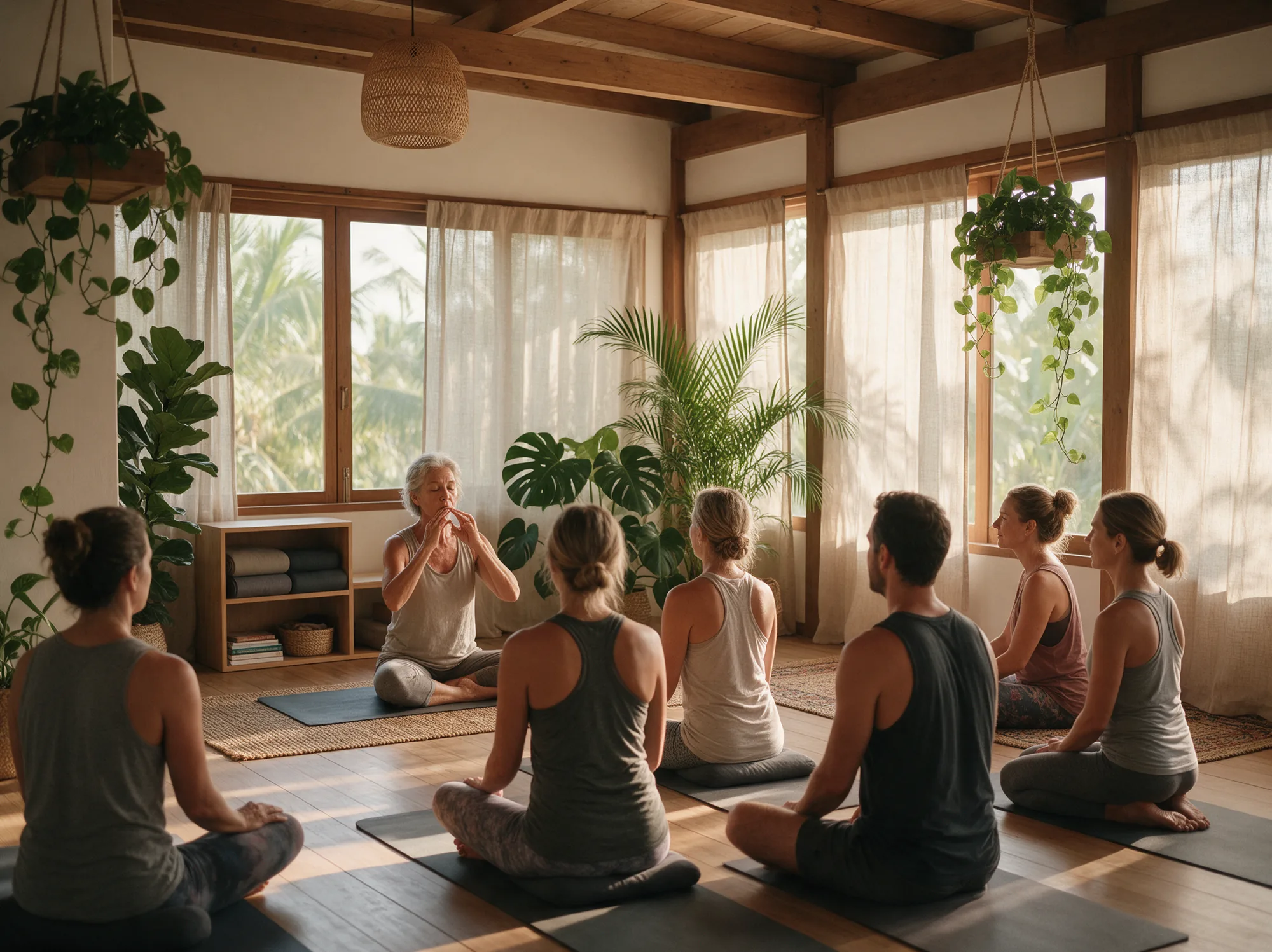 Small yoga workshop group listening to a senior teacher