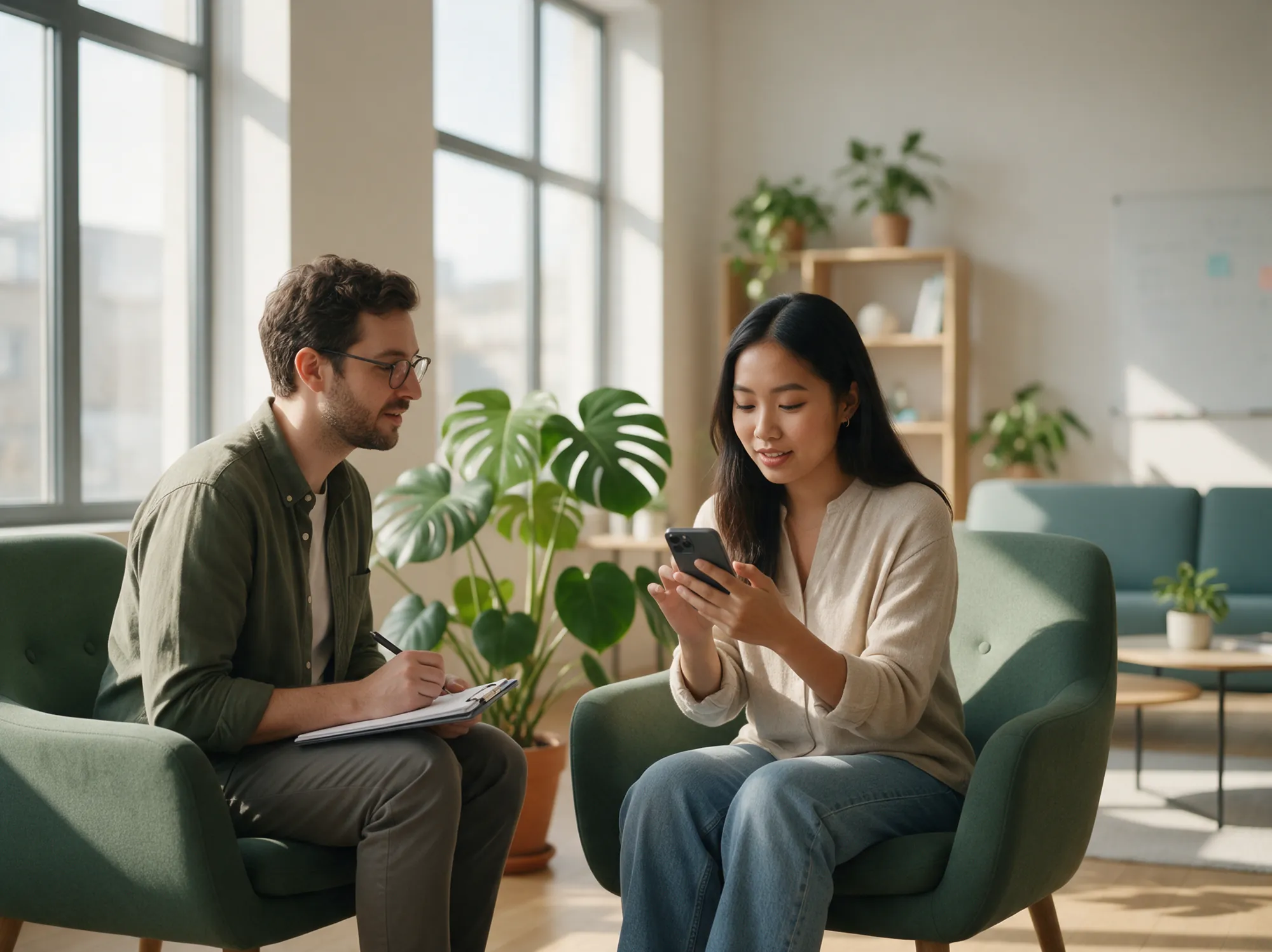 Researcher watching a shopper try a store on her phone during a usability test