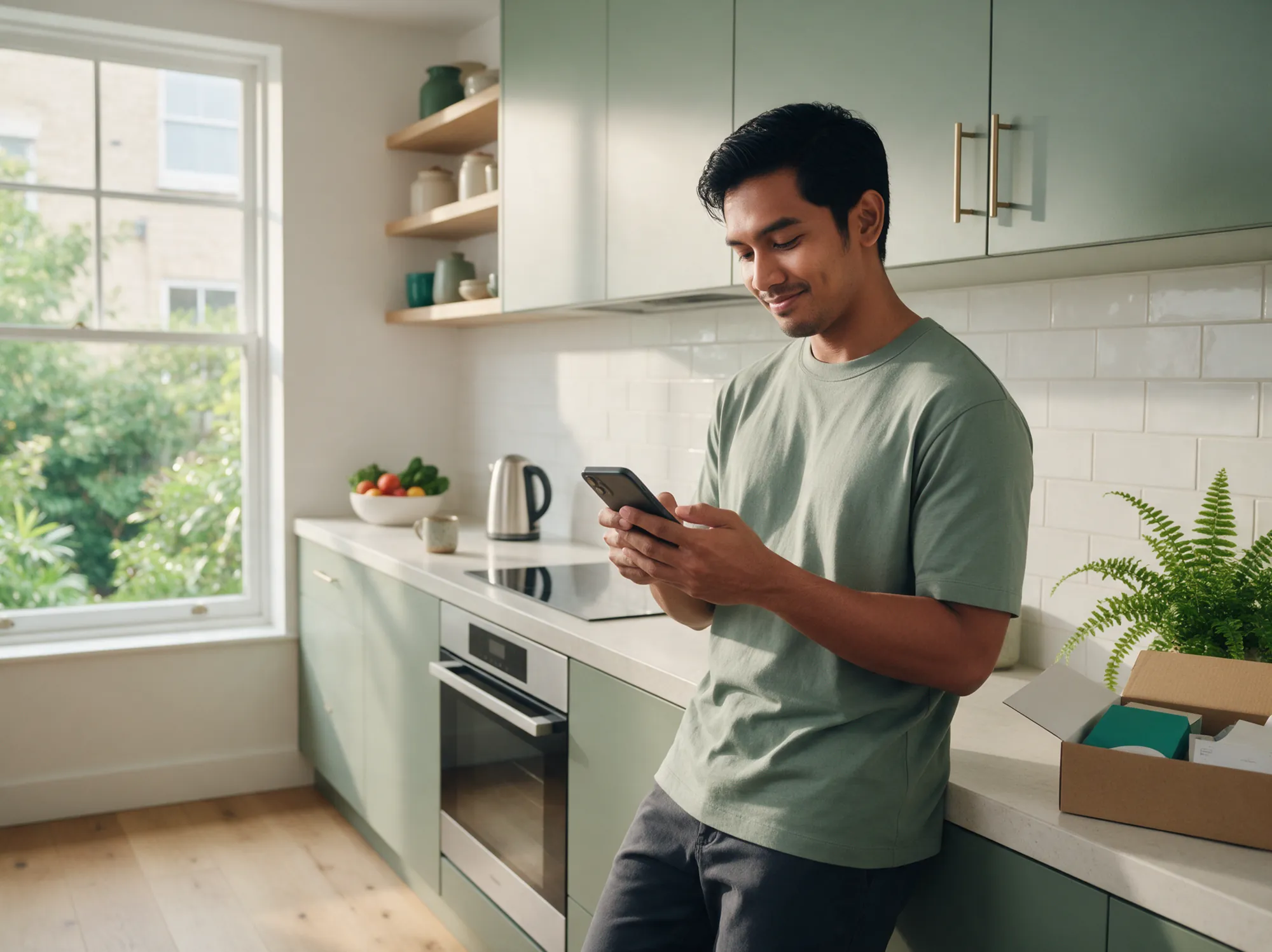 Young man paying for an order on his phone at his kitchen counter