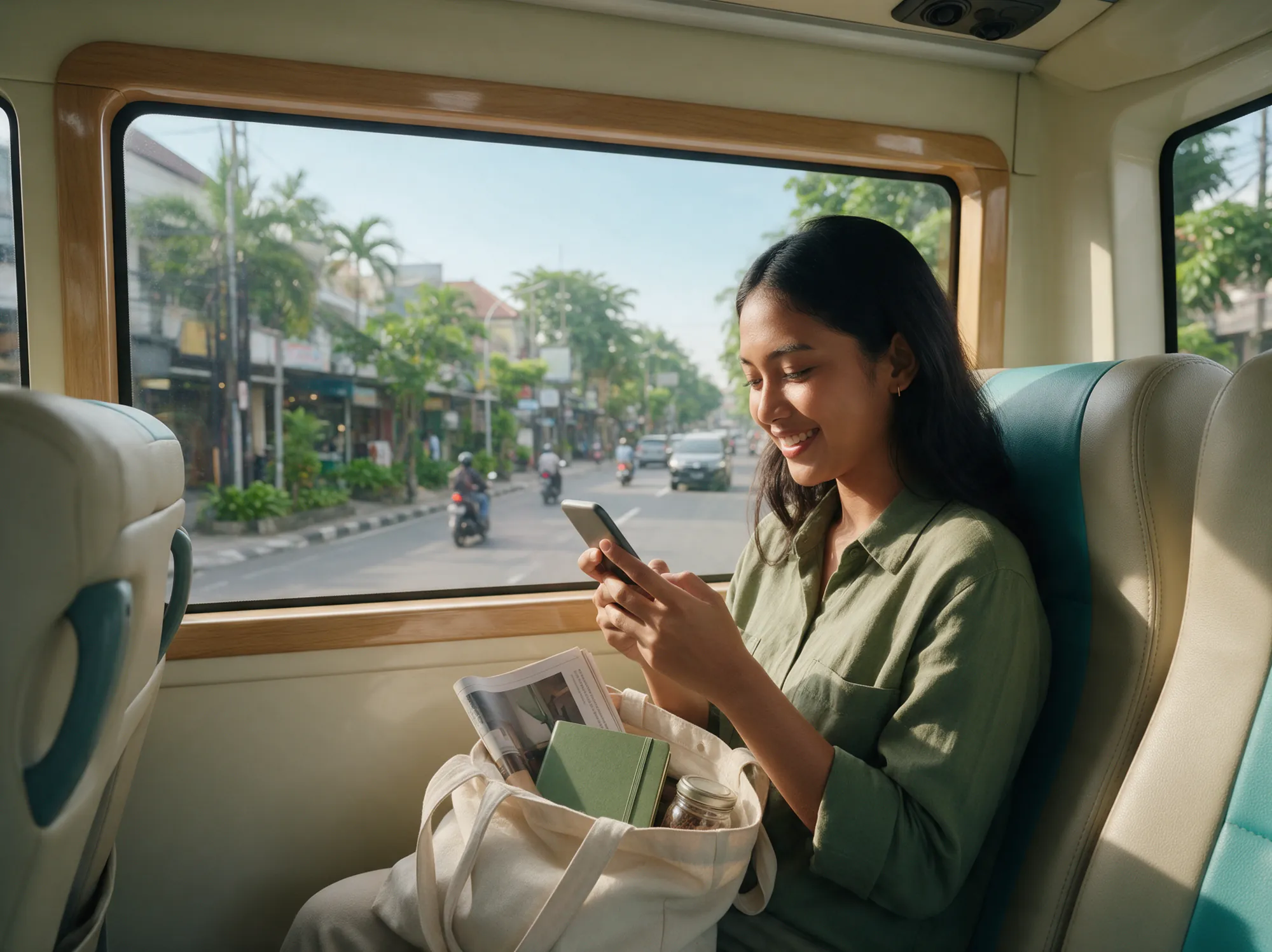 Woman on a city bus smiling at a reminder message on her phone