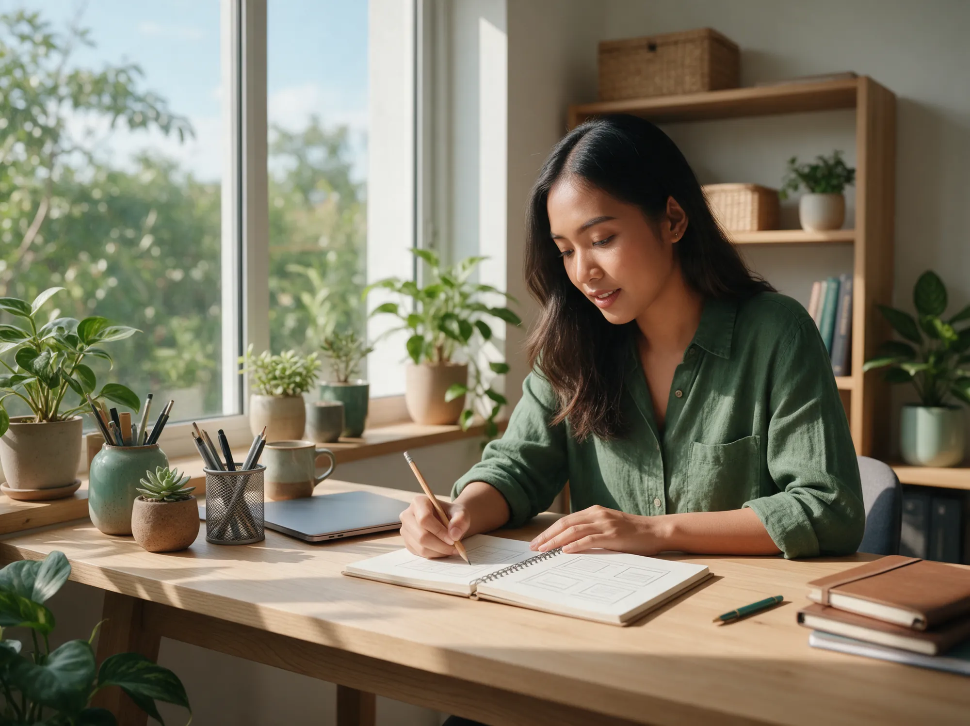 Web designer sketching campaign landing page layouts at a bright studio desk