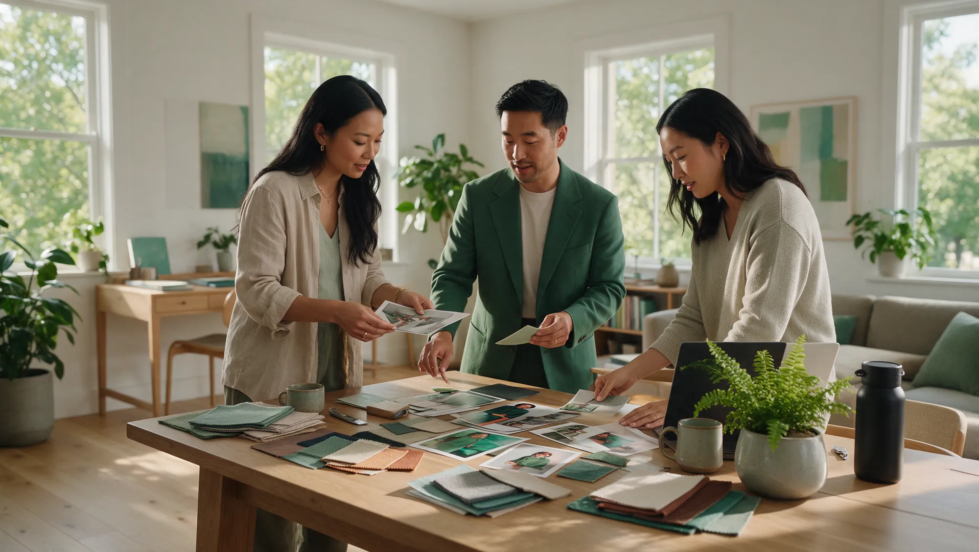 Marketing team planning a seasonal campaign around a table of product photos and swatches