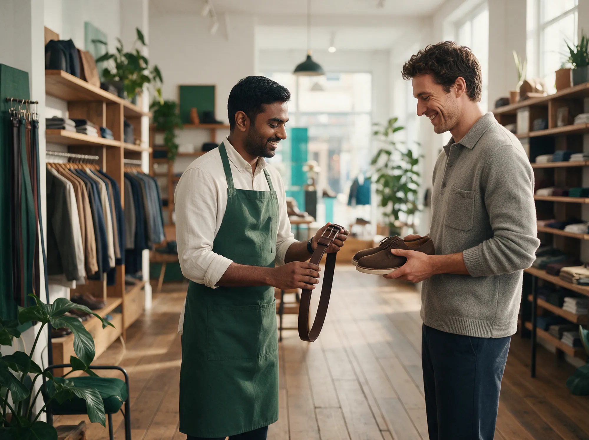Boutique assistant offering a matching belt to a customer buying shoes