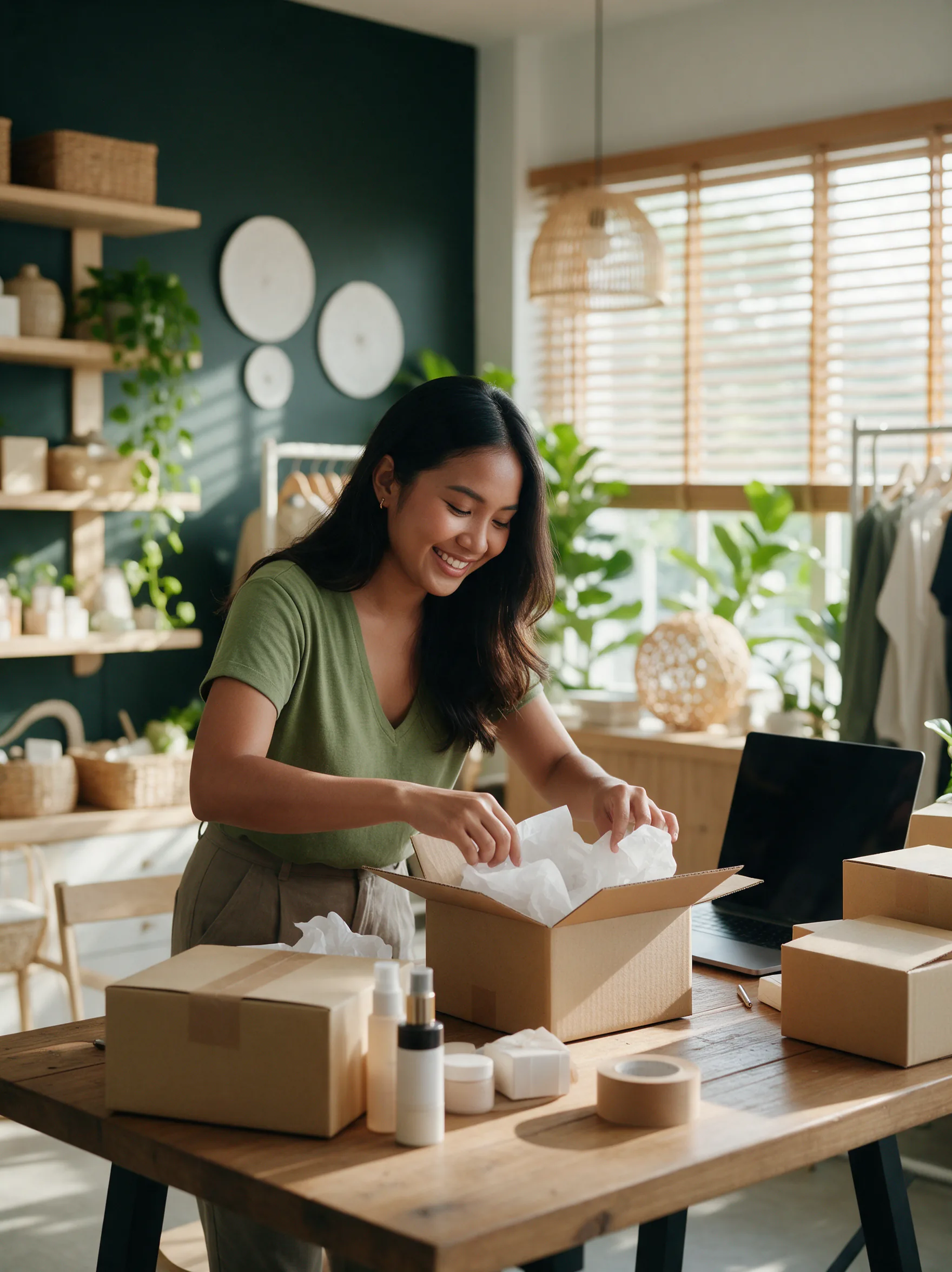 Boutique owner packing beauty and fashion ecommerce orders
