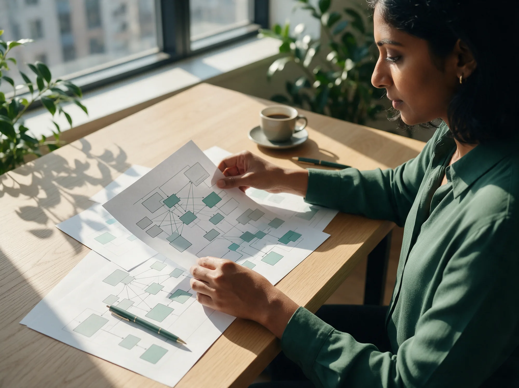 Software architect laying out printed system architecture diagrams on a table