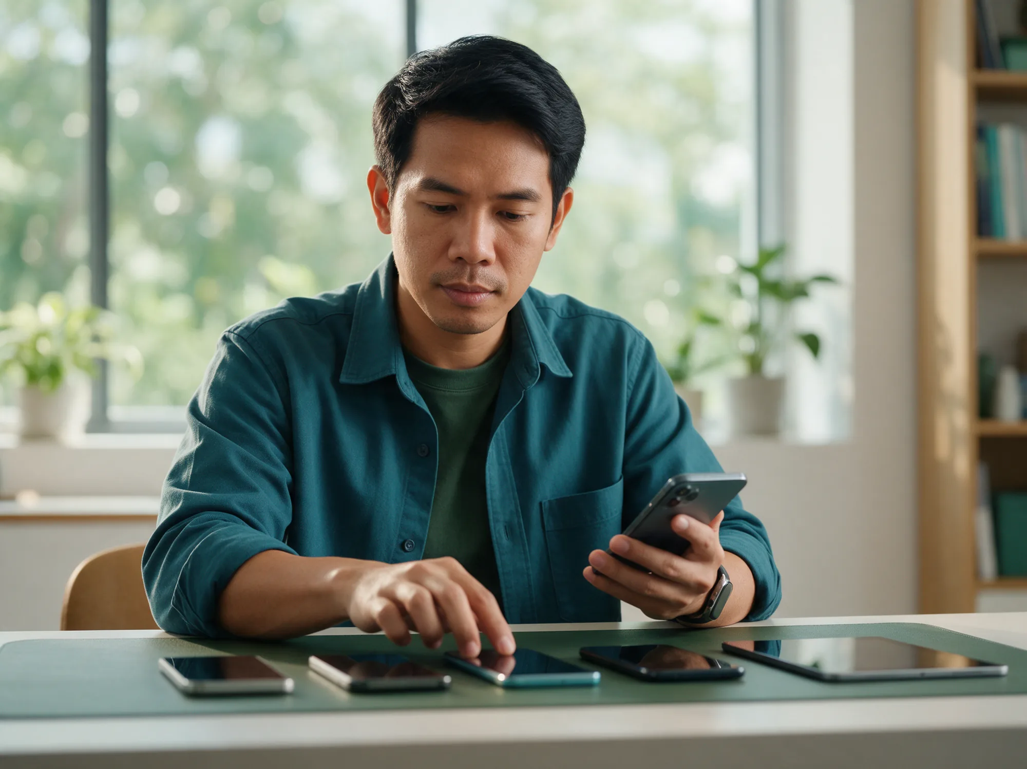 QA engineer testing a store across a row of phones and a tablet