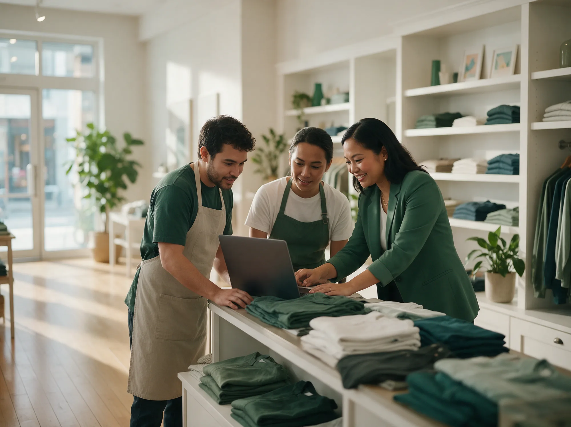 Trainer showing boutique staff the store back office on a laptop